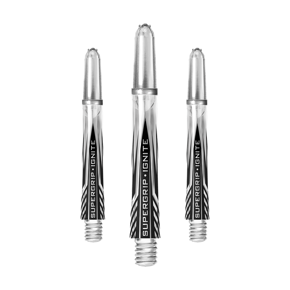 HR393_Harrows_Supergrip_Ignite_Shafts_Clear_40mm_1T9DEKWgsOZjAD Das Bild zeigt drei klare Harrows Supergrip Ignite Shafts für Dartpfeile. Die Shafts sind durchsichtig mit schwarzem und silbernem Aufdruck.