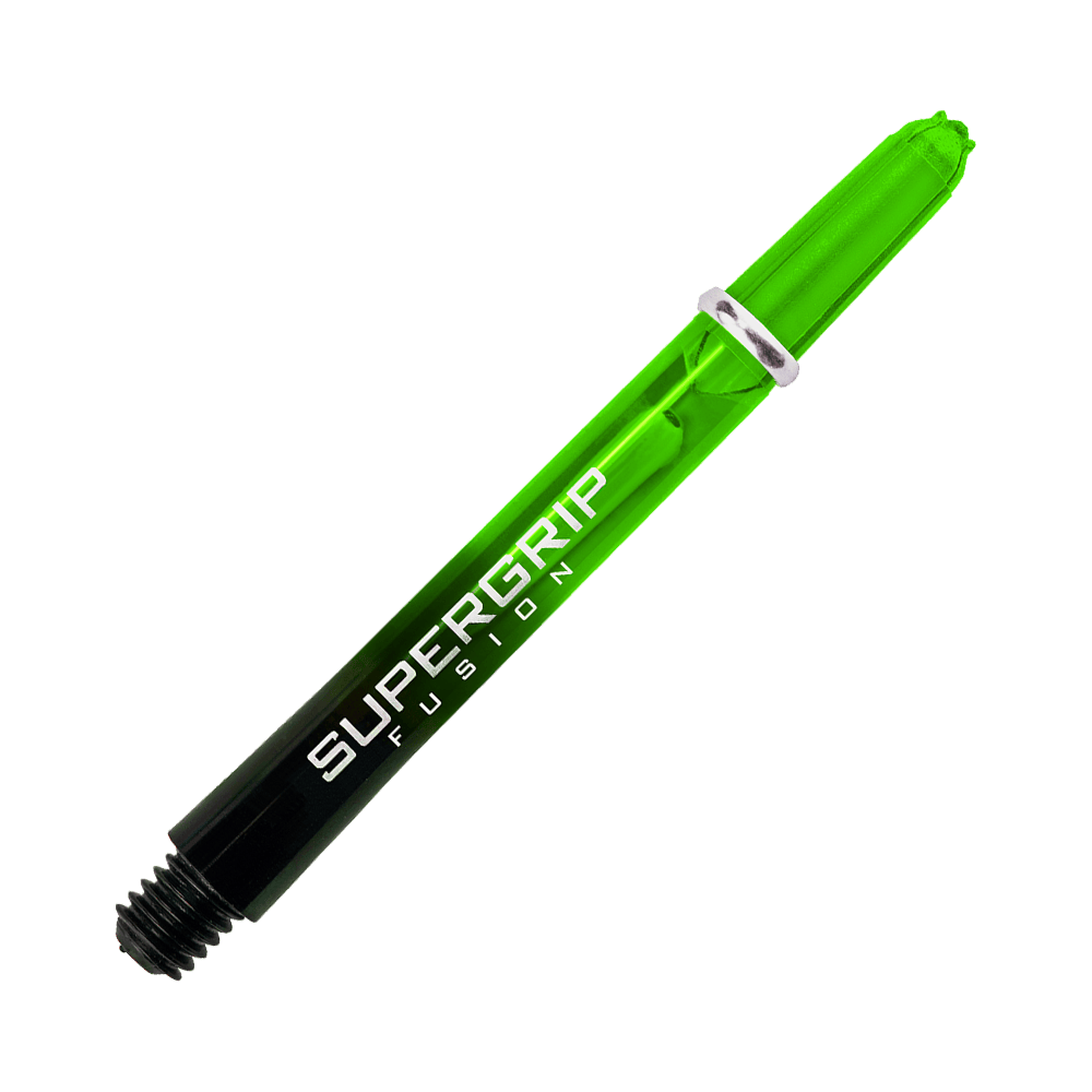 Das Bild zeigt einen grünen Harrows Supergrip Fusion Dartshaft. Im Hintergrund sind grüne und weiße Streifen zu sehen, die den Shaft hervorheben.