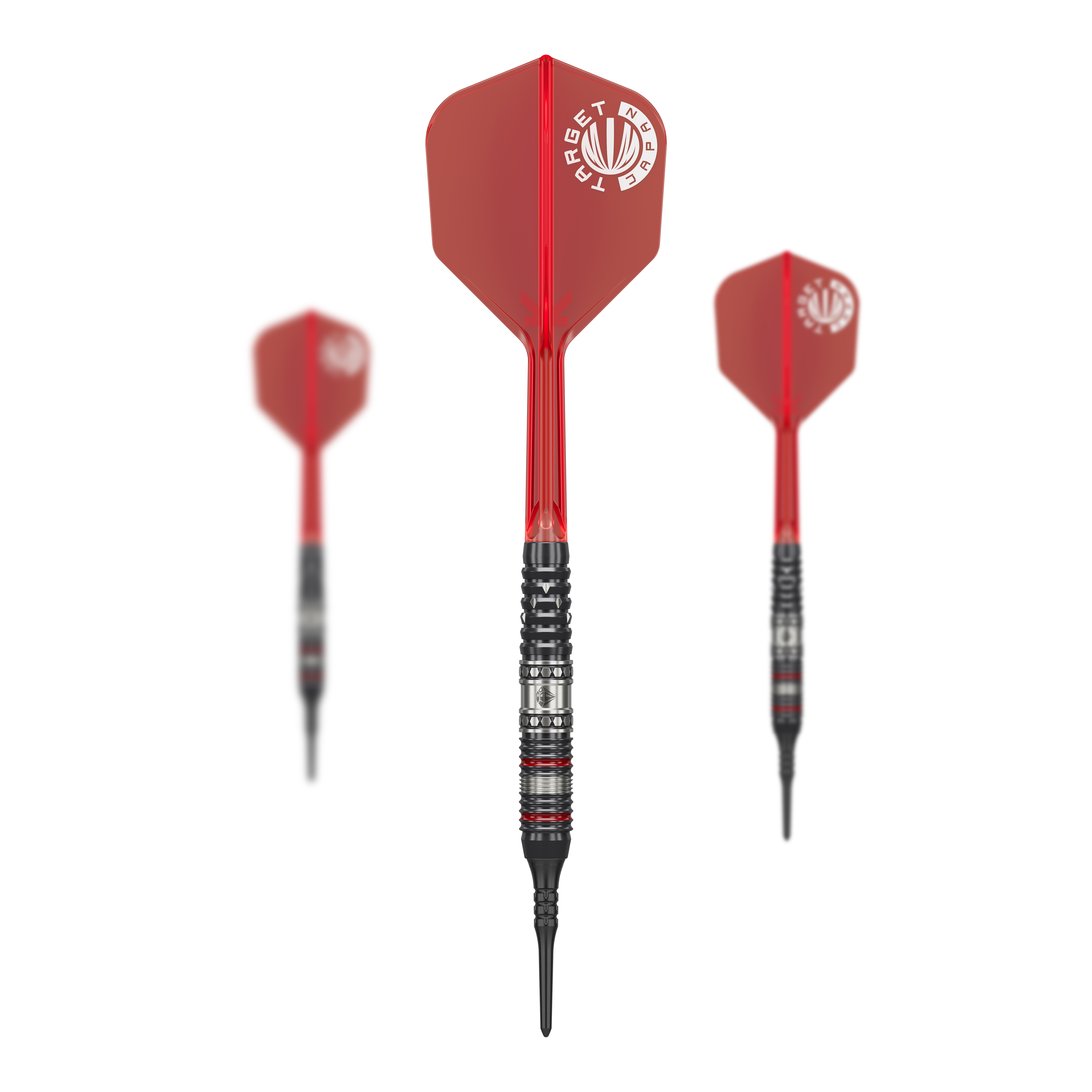 Target Japan Prime Series Diamond GEN3 Softdarts - 18g Das Bild zeigt drei Softdarts aus der Serie "Target Japan Prime Series Diamond GEN3" mit einem Gewicht von 18g. Die Darts haben rote Flights und schwarze Spitzen.