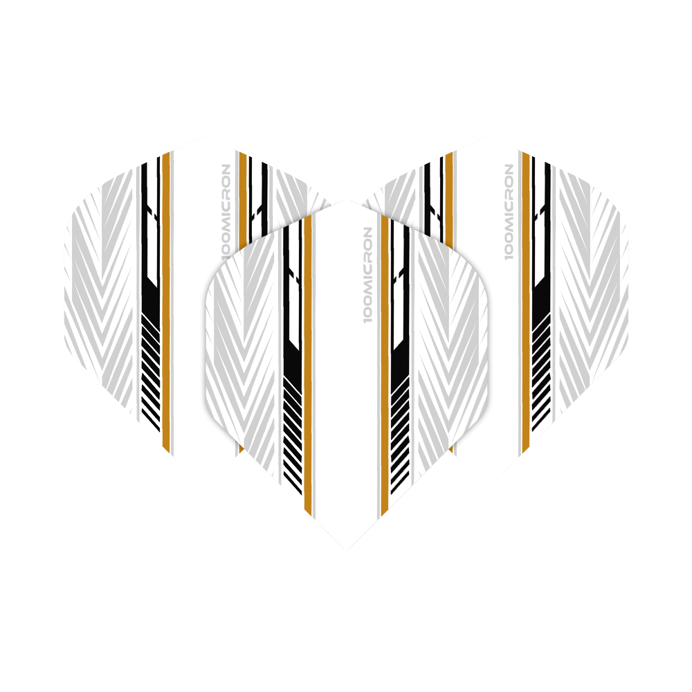 Pentathlon Flights weiß/schwarz/gold Das Bild zeigt die Pentathlon White Black Gold No2 Standard Flights für Dartpfeile. Die Flights sind überwiegend weiß mit schwarzen und goldenen Zierstreifen sowie geometrischen Mustern.