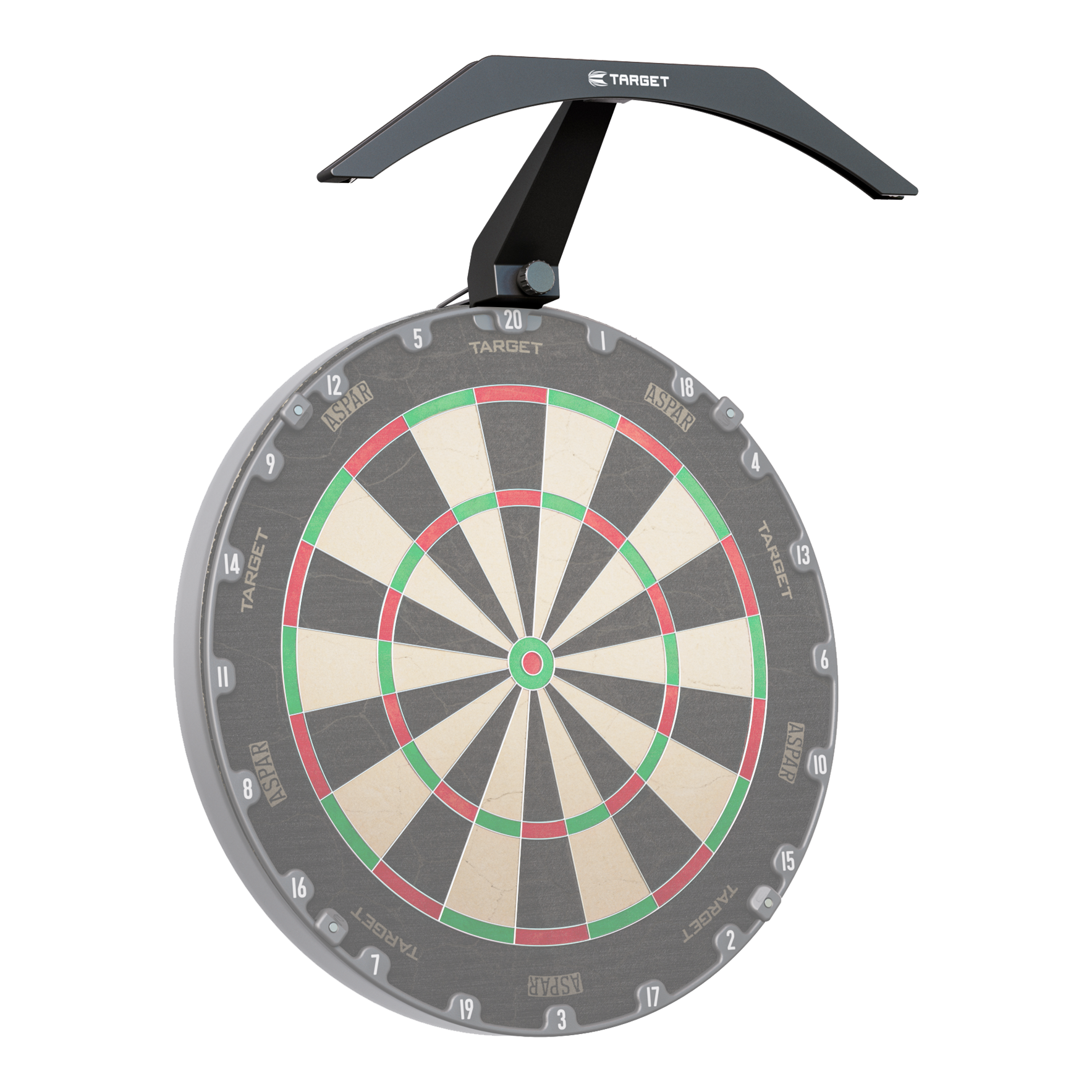 Target ARC V2 Dartboard Beleuchtung Das Bild zeigt eine Dartscheibe mit der Target ARC V2 Dartboard Beleuchtung darüber. Die Beleuchtung sorgt für eine gleichmäßige Ausleuchtung der gesamten Spielfläche.