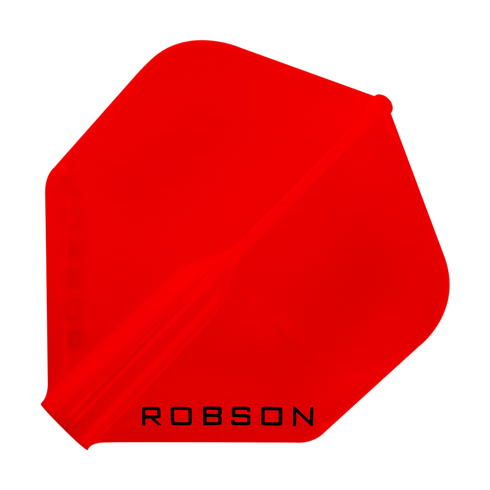 Das Bild zeigt ein rotes Dart-Flight mit der Aufschrift „ROBSON“. Das Flight hat eine standardmäßige, sechseckige Form.
