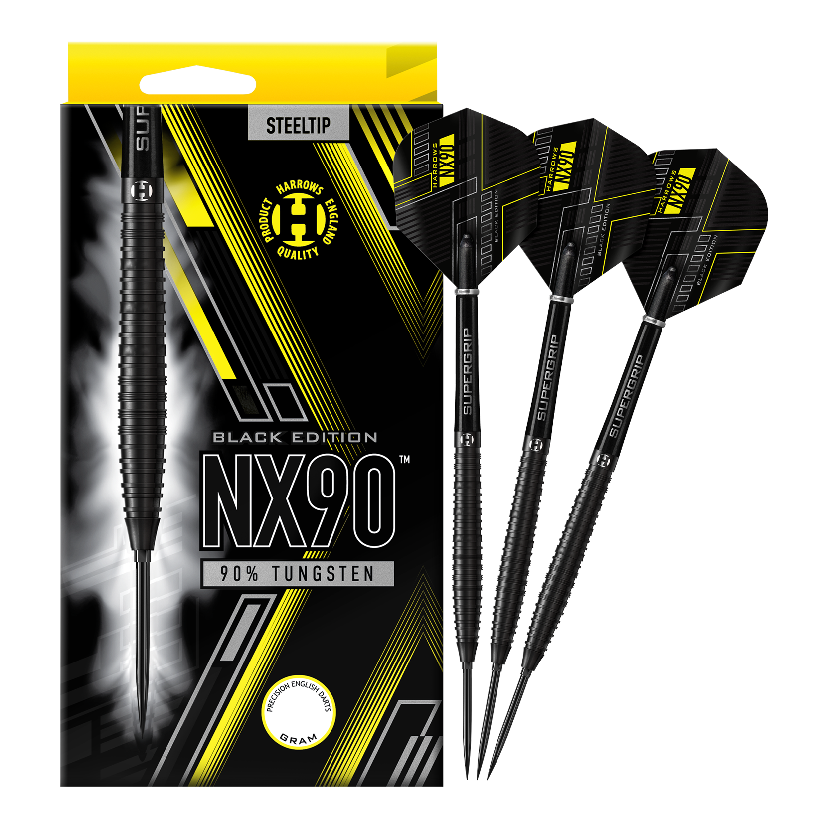 Harrows NX90 Black Edition Tapered Quick Point Steeldarts Abgebildet sind die Harrows NX90 Black Edition Tapered Quick Point Steeldarts. Die schwarzen Steeldarts haben eine schlanke, konische Form.