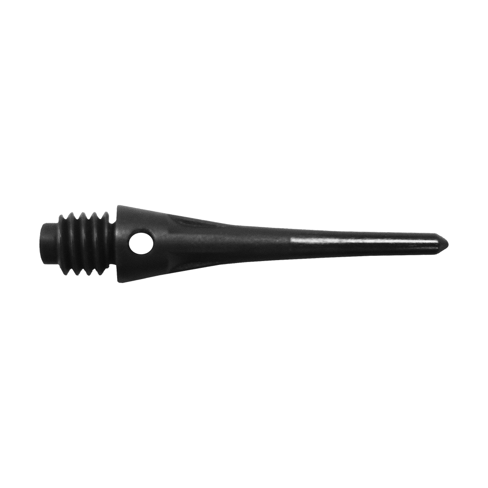CO-00088_Condor_Tip_Zero-Stress_Softdartspitzen_Schwarz_2 Auf dem Bild ist eine schwarze Softdartspitze abgebildet. Die Spitze hat ein Gewinde und eine kleine Öffnung nahe dem Gewindebereich.