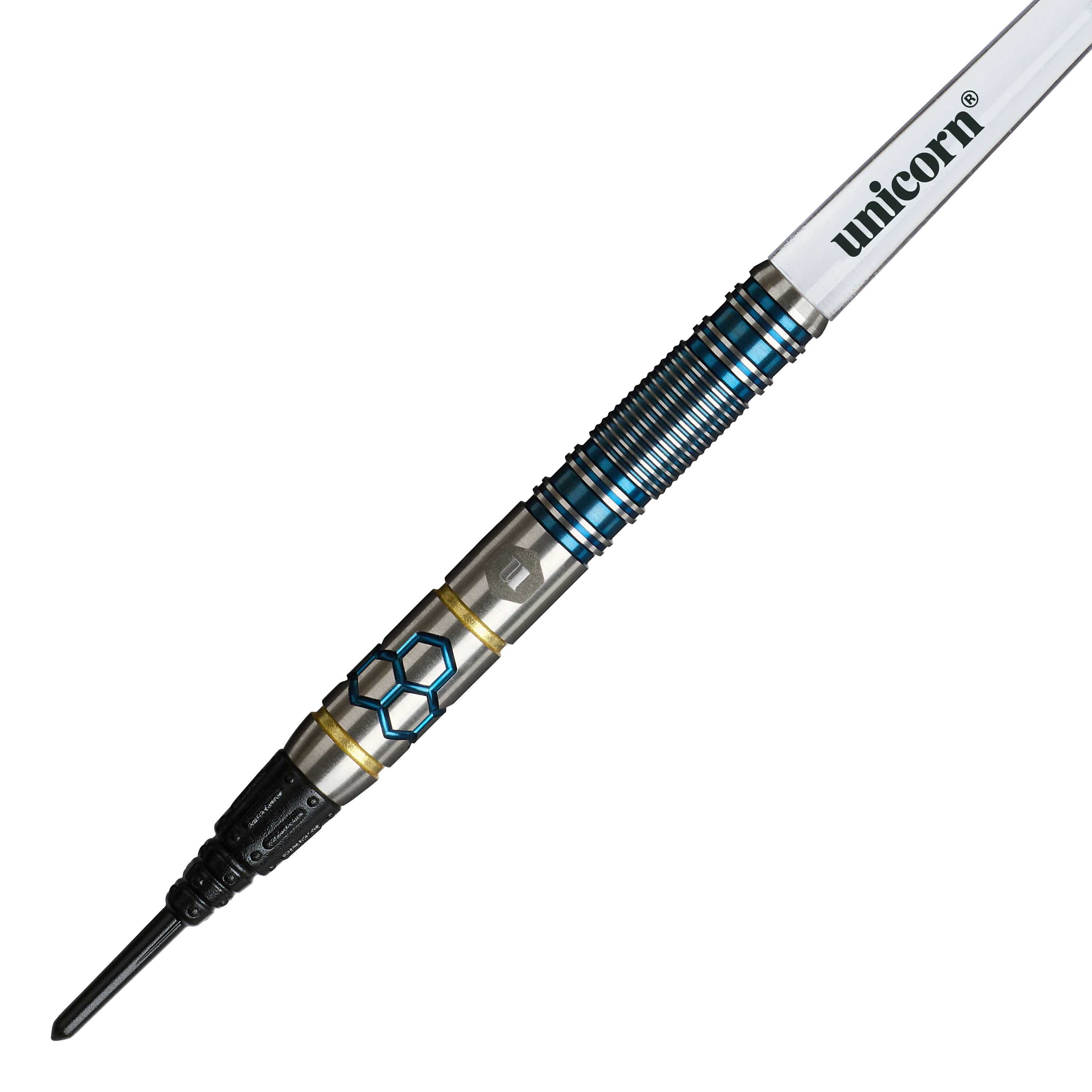 Unicorn Hexium Style 02 Blue & Gold Softdarts - 21g ist auf diesem Bild zu sehen. Die Softdarts sind in den Farben Blau und Gold gestaltet.