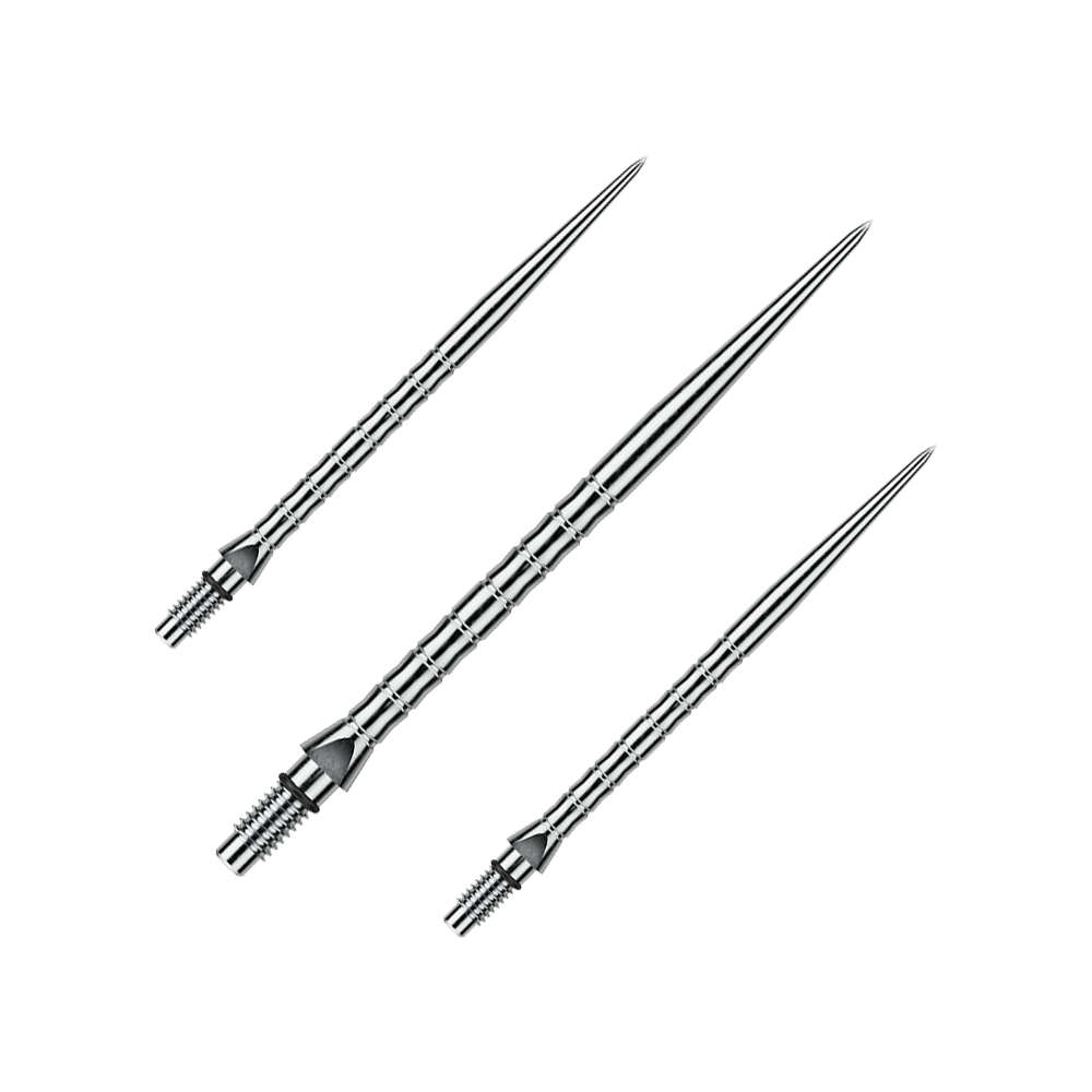 Winmau Switch Point Wave Steeldartspitzen - Silver Effect Das Bild zeigt Steeldartspitzen mit silbernem Effekt, wahrscheinlich 40 mm lang. Die Dartspitzen sind für das Spiel mit Steeldarts bestimmt.
