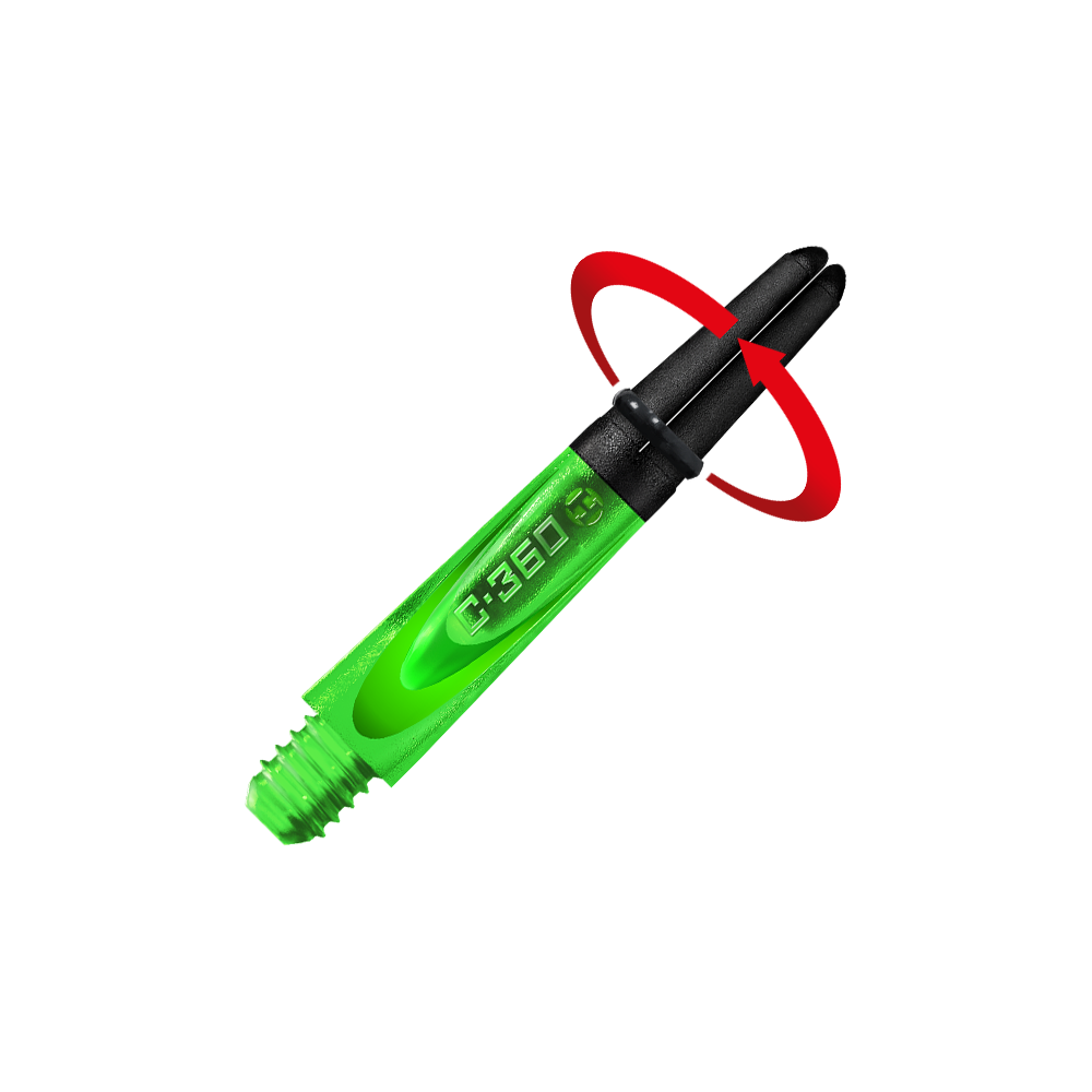 HR452_Harrows_Carbon_360_Shafts_Gr-n_35mm_2_Symbol Das Bild zeigt einen grünen Dart-Schaft mit schwarzem oberen Teil. Auf dem Schaft steht die Aufschrift "C-360".