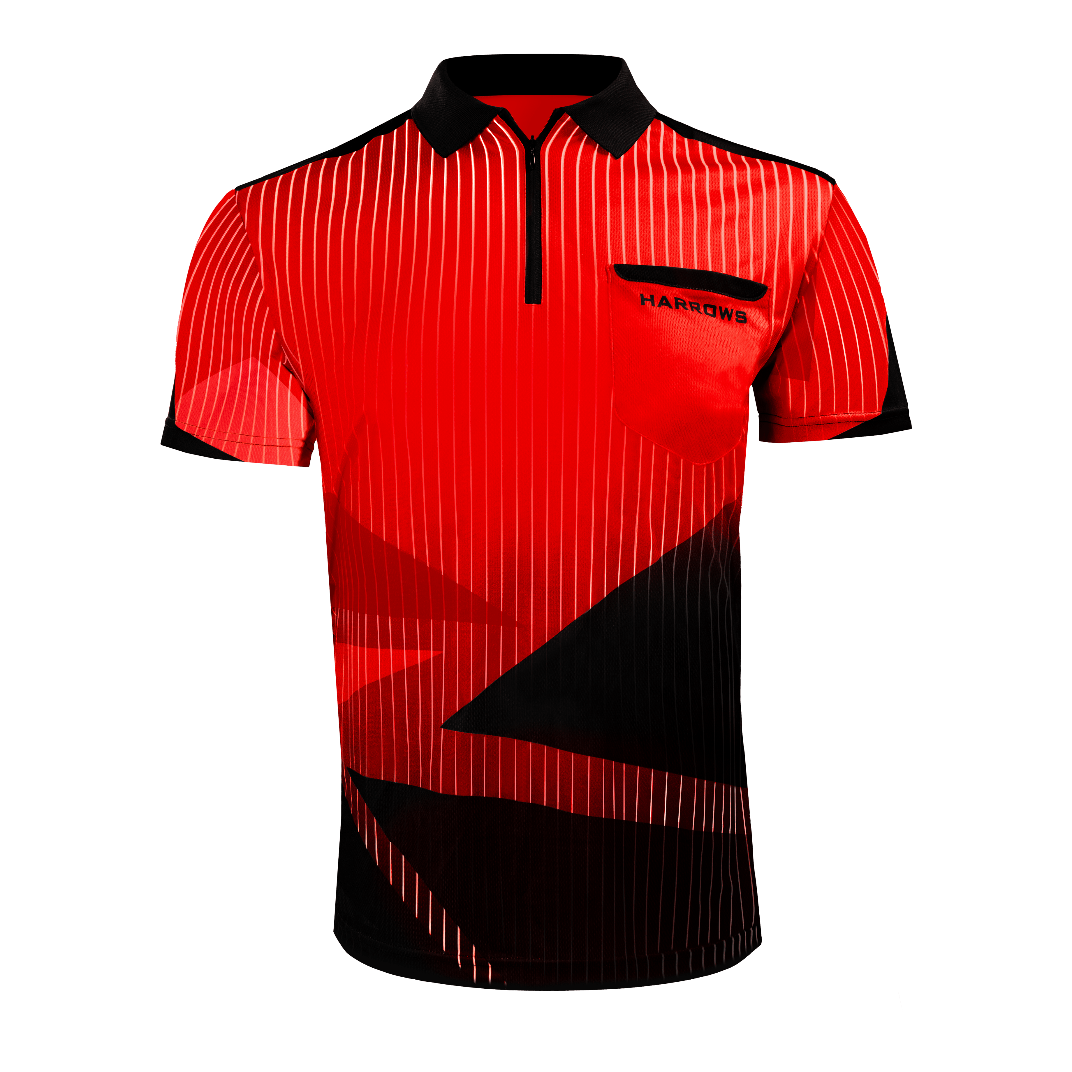 Harrows Shard Dartshirt - Rot Das Bild zeigt das Harrows Shard Dartshirt in Rot. Das Shirt hat ein modernes Design mit schwarzen und weißen Streifen sowie einem schwarzen Kragen.