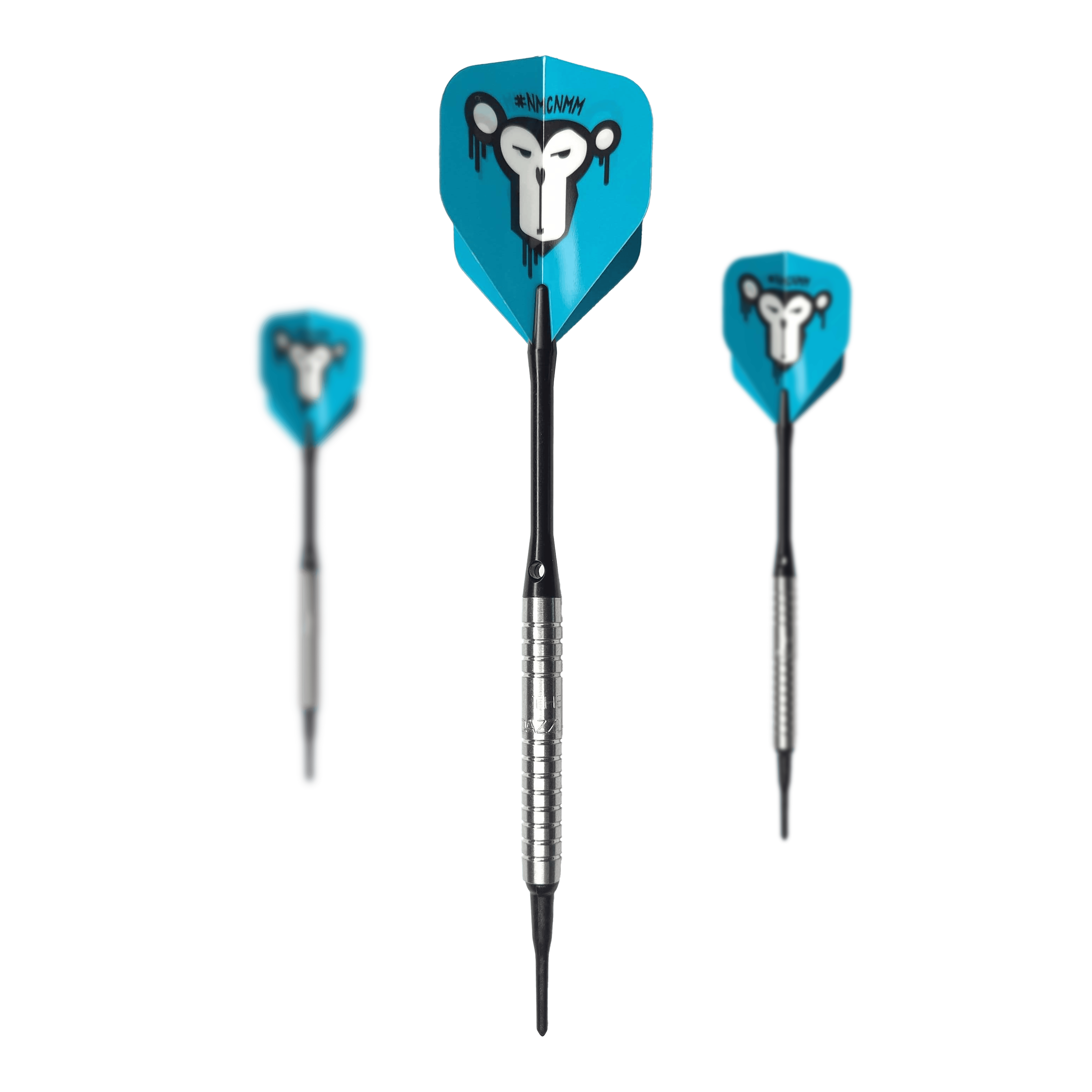 McDart 85er Tungsten V15 Softdarts - 16,5g Das Bild zeigt drei Softdarts des Modells "McDart 85er Tungsten V15" mit einem Gewicht von 16,5g. Die Flights sind blau und haben ein auffälliges Affengesicht als Motiv.