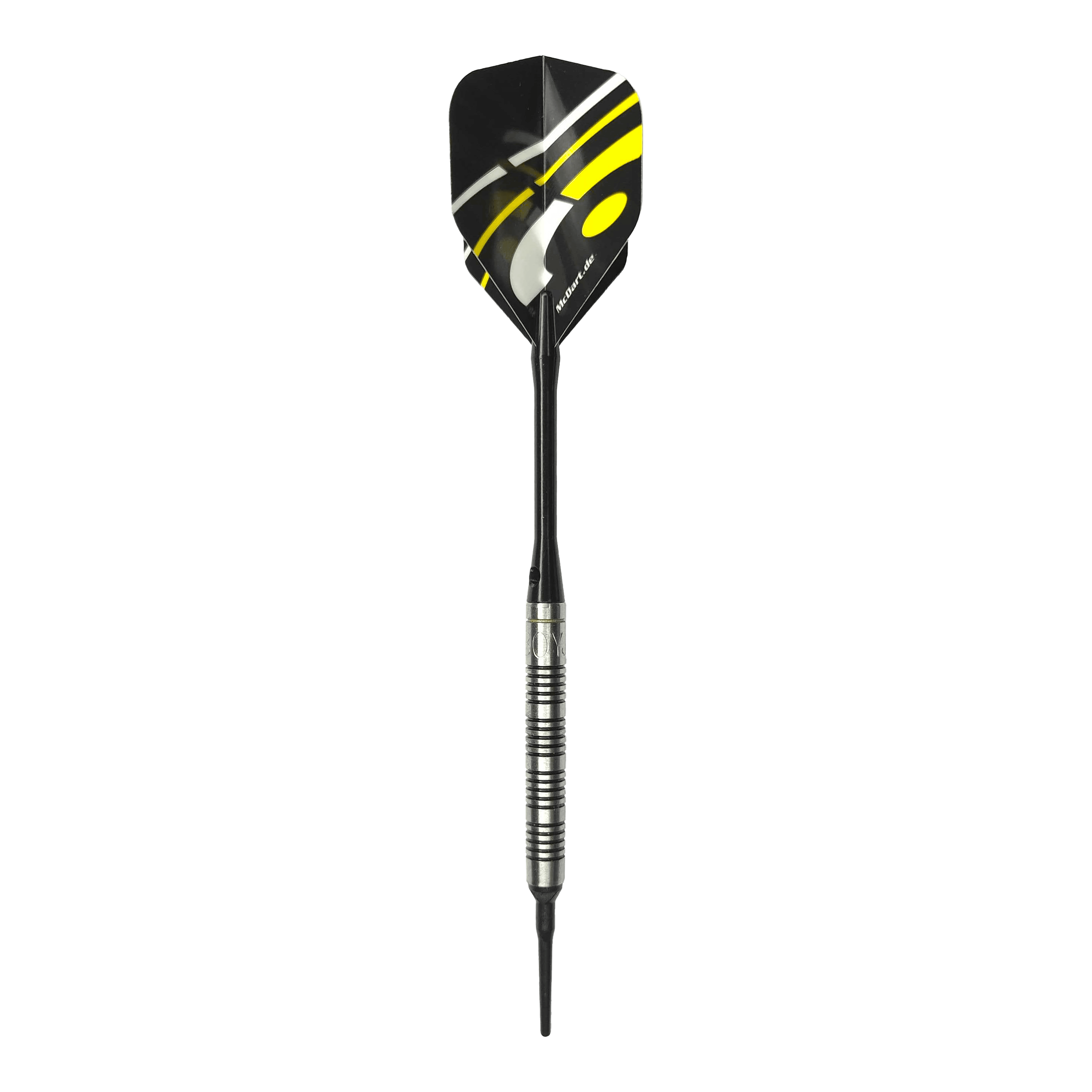 McDart 85er Tungsten V17 Softdarts - 16,5g Das Bild zeigt den McDart 85er Tungsten V17 Softdart mit einem Gewicht von 16,5g. Der Dart hat ein modernes Design mit schwarzen und gelben Akzenten auf den Flights.