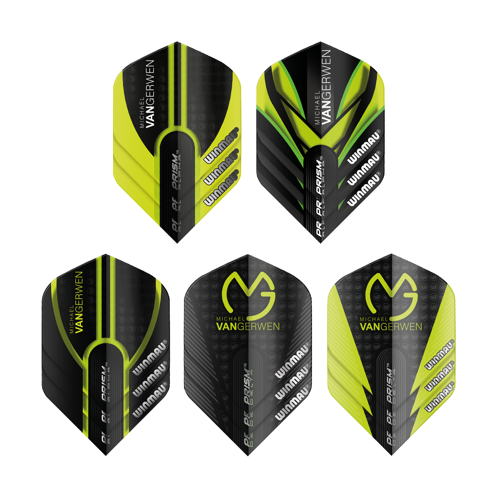 8122_Winmau_MvG_Prism_Flight_Collection_0 Die Winmau MvG Prism Flight Collection präsentiert Dartflights verschiedener Farben und Designs. Die Flights sind fächerförmig angeordnet.
