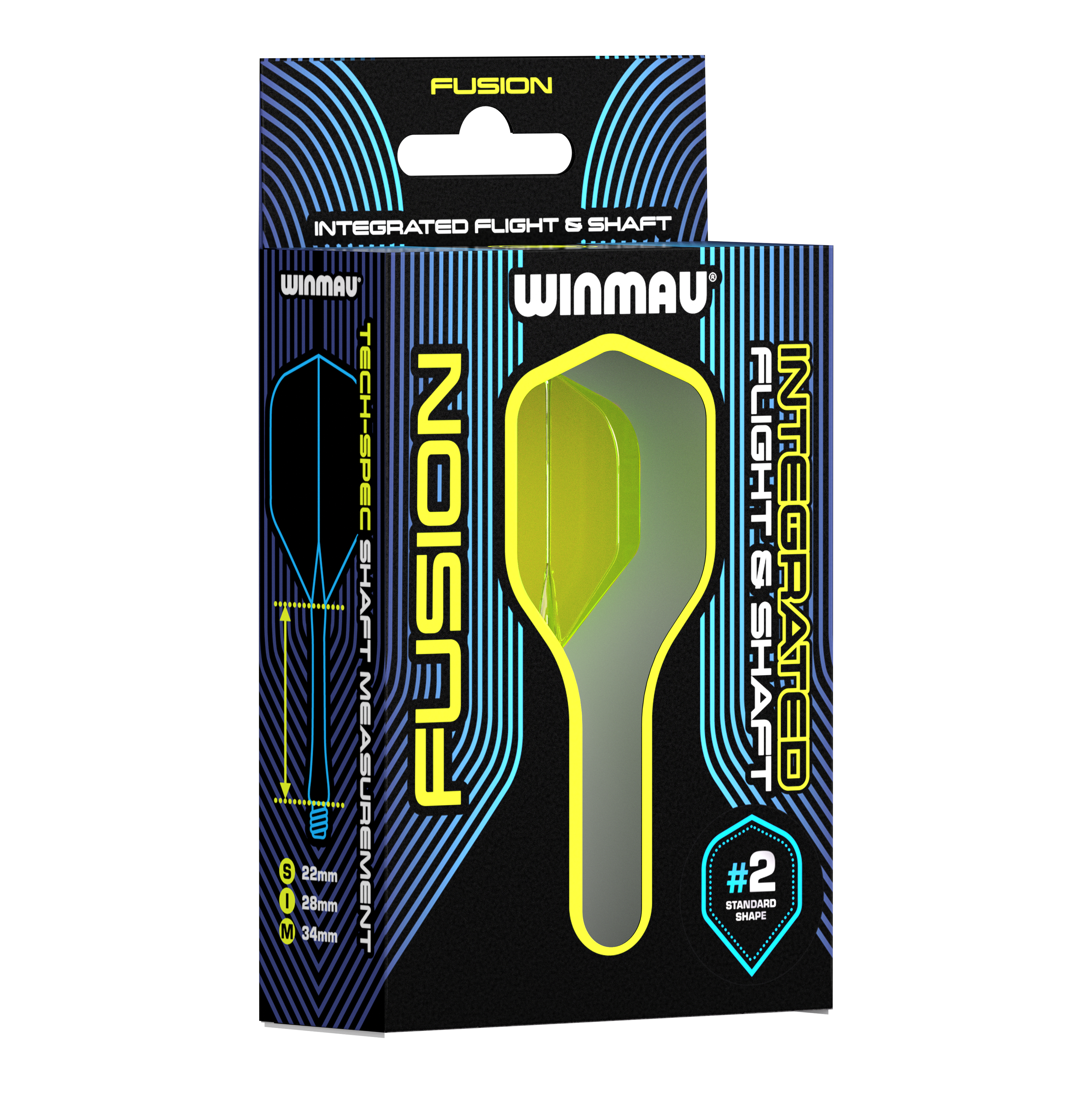 Auf dem Bild ist eine Verpackung für das Winmau Fusion Flight & Shaft System zu sehen. Die Verpackung zeigt ein gelbes, integriertes Flight- und Schaftsystem für Darts in der Größe 34 mm.