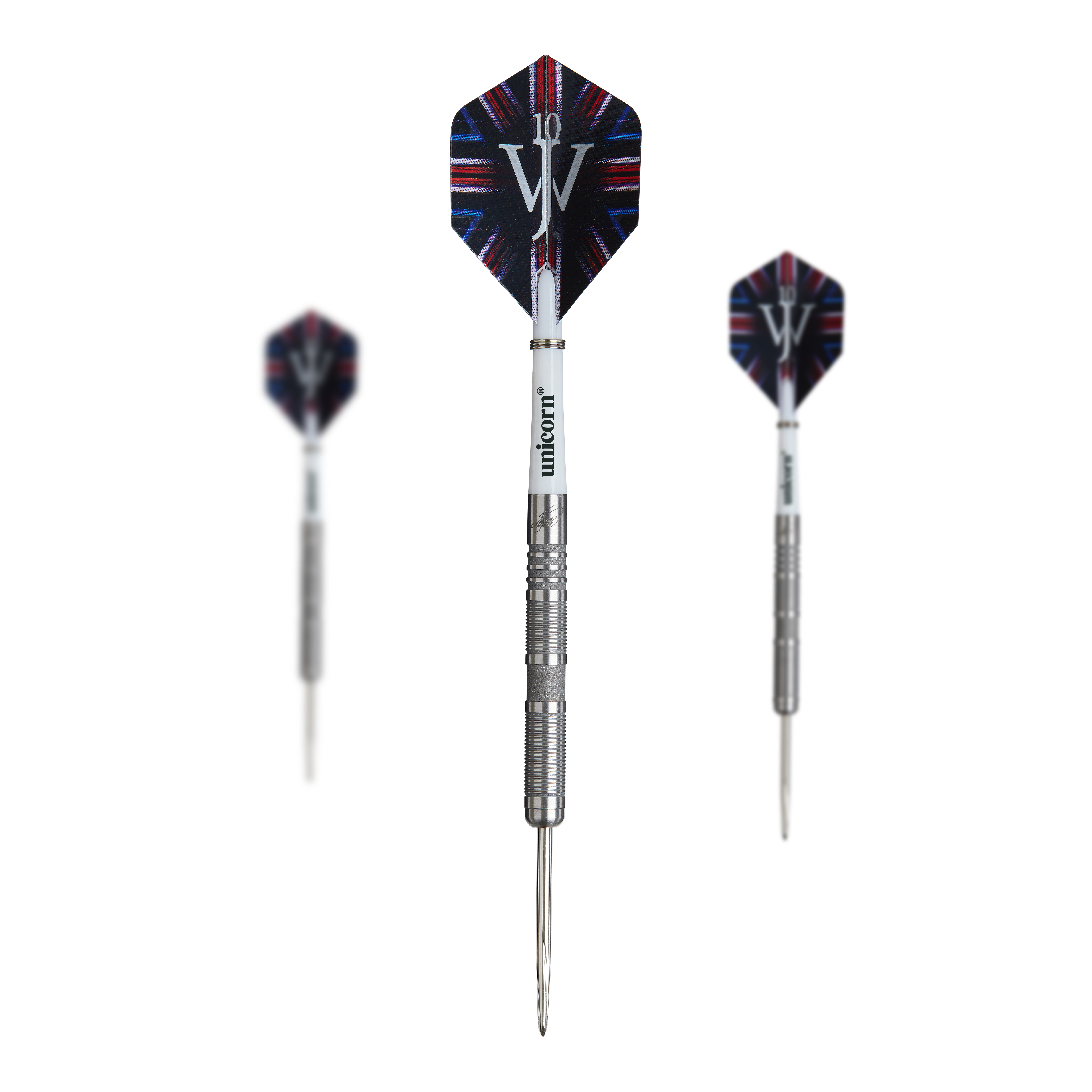 Das Bild zeigt drei Steeldarts aus der "Unicorn James Wade The Machine Range Phase 4" Serie. Die Darts haben silberne Spitzen und auffällige Flights mit einem weißen "JW"-Logo.