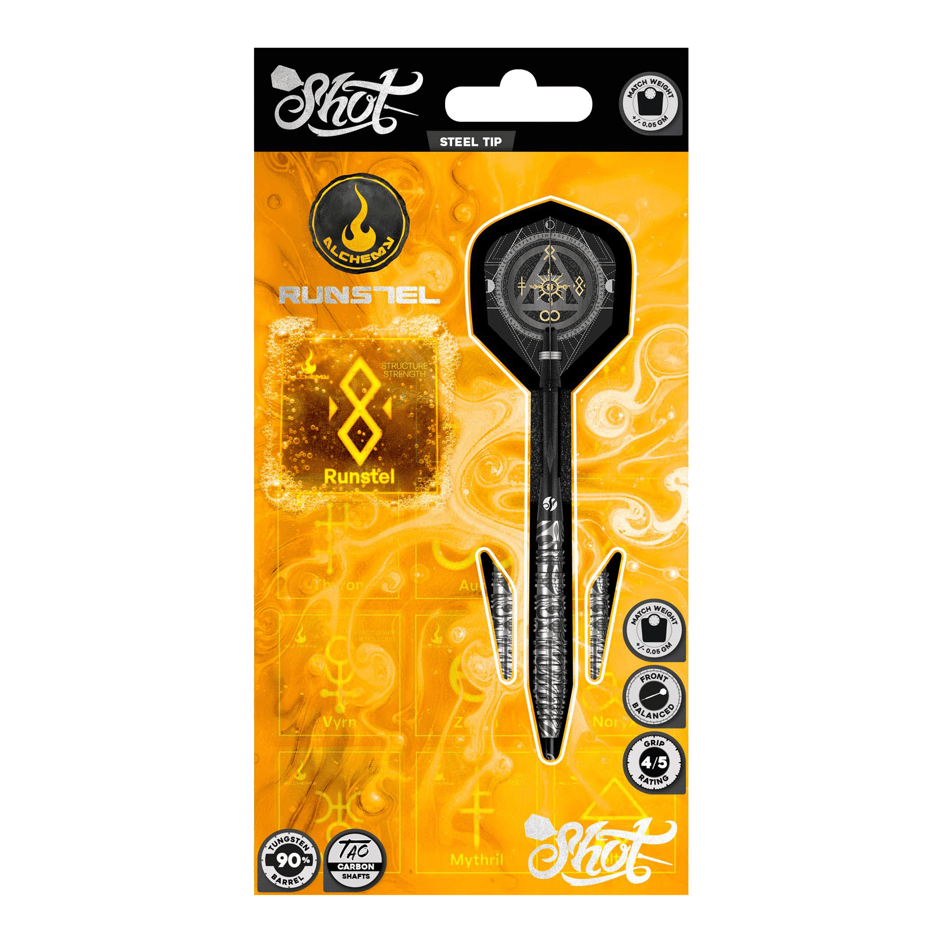 Das Bild zeigt die Shot Alchemy Runstel Steeldarts. Dieses Produkt sind hochwertige Steeldarts für Dartspieler.