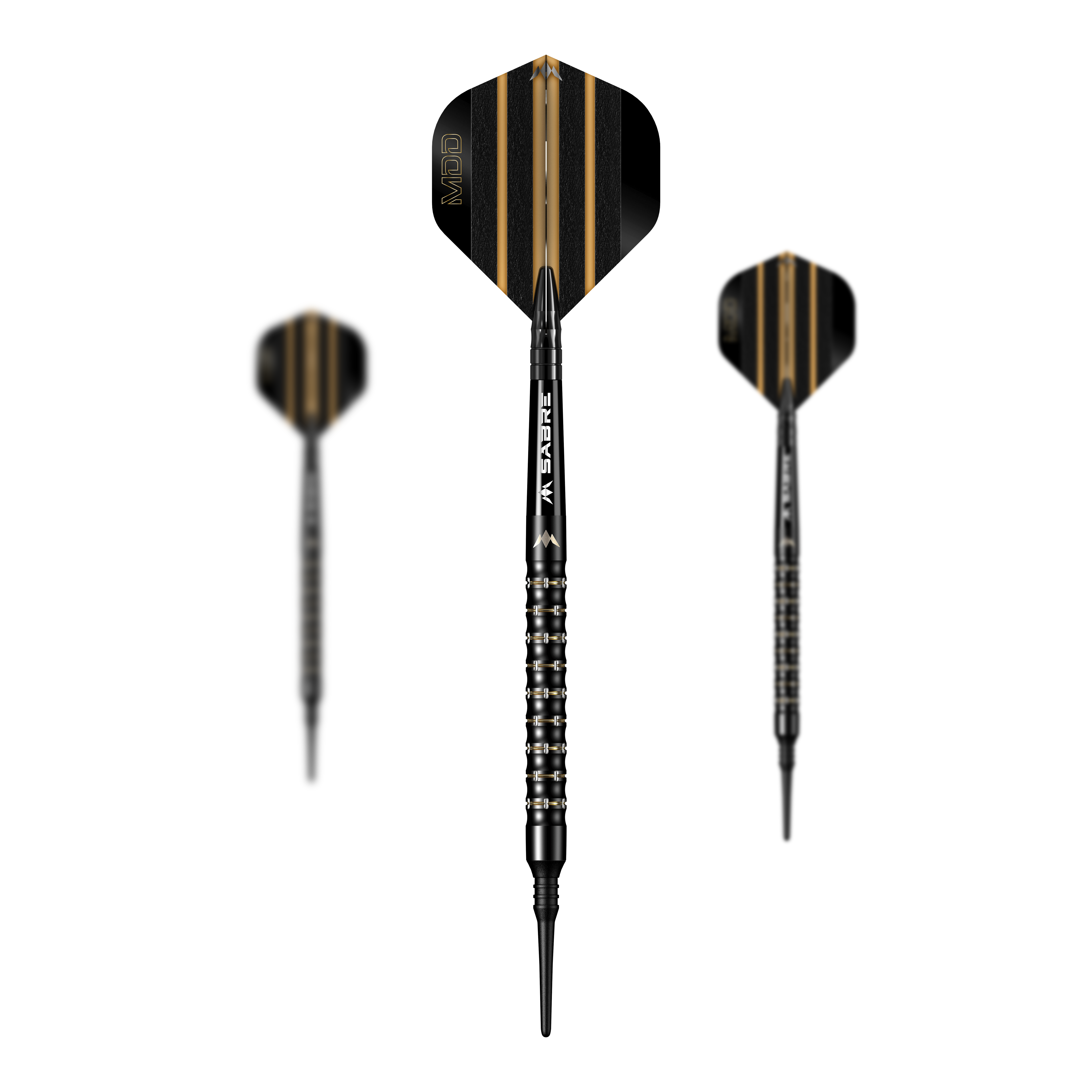 Mission Mike De Decker MDD Black Gold Softdarts - 20g Das Bild zeigt drei Softdarts des Modells „Mission Mike De Decker MDD Black Gold“ mit einem Gewicht von 20g. Die Darts sind schwarz mit goldenen Streifen auf den Flights und haben ein modernes, edles Design.