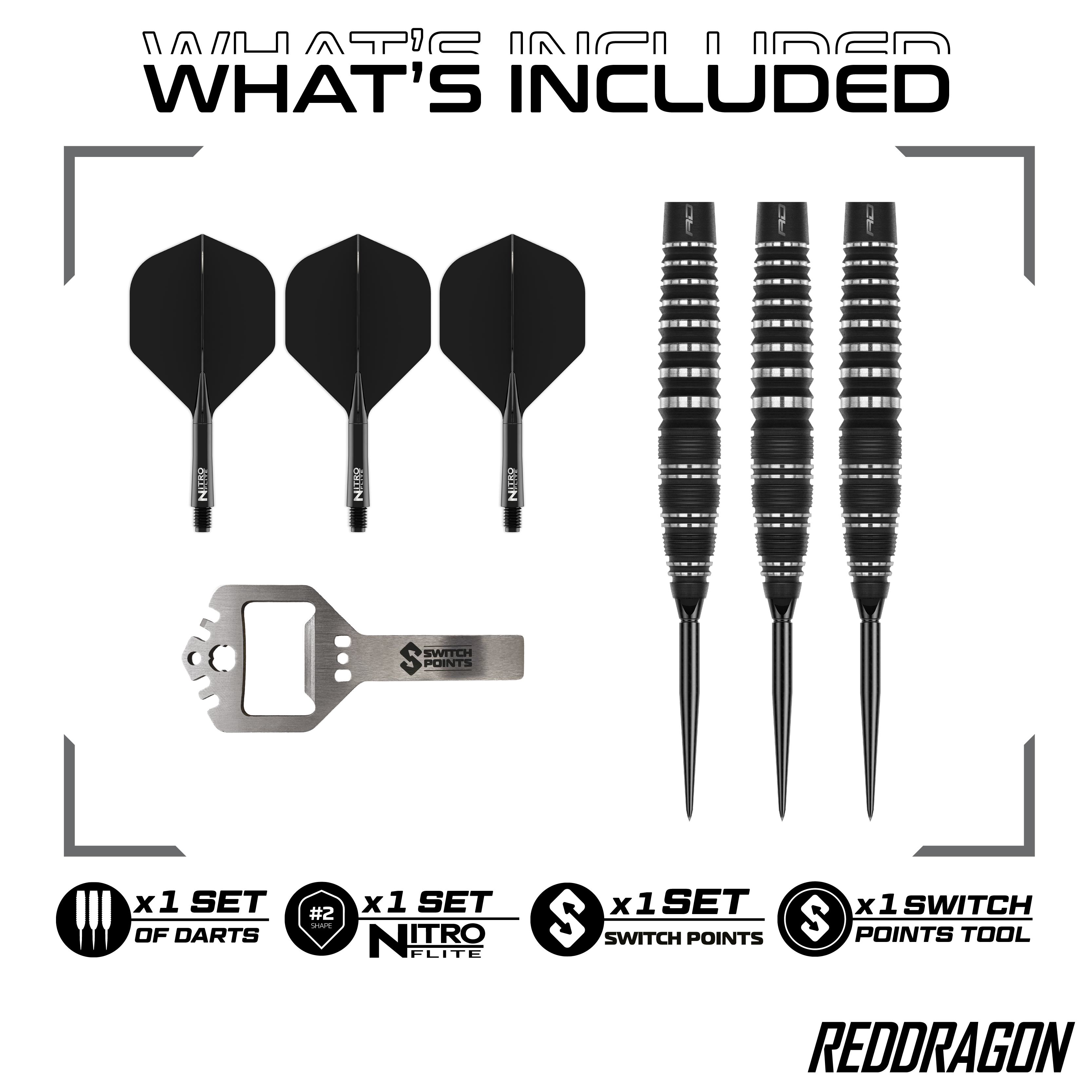 Red Dragon Sable Bomb Switch Point Steeldarts Das Bild zeigt die Red Dragon Sable Bomb Switch Point Steeldarts. Die Darts haben ein markantes Design und sind speziell für das Steeldartspiel entwickelt.
