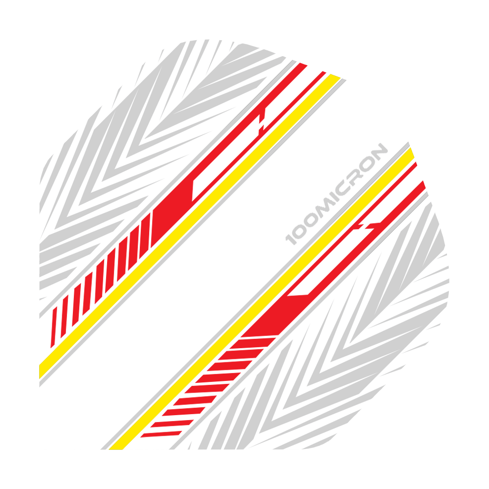 Pentathlon Flights weiß/rot/gelb Das Bild zeigt ein Dartflight in Weiß mit roten und gelben Streifen sowie grauen Mustern. Auf dem Flight steht der Text "100 MICRON".