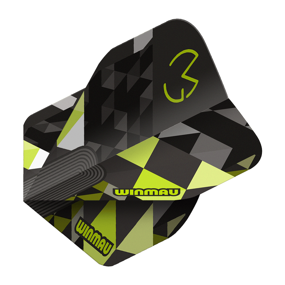 Das Bild stellt Winmau Prism Delta MvG Logo Green No2 Standard Flights dar. Grüne Dart-Flights mit einem markanten Logo sind abgebildet.