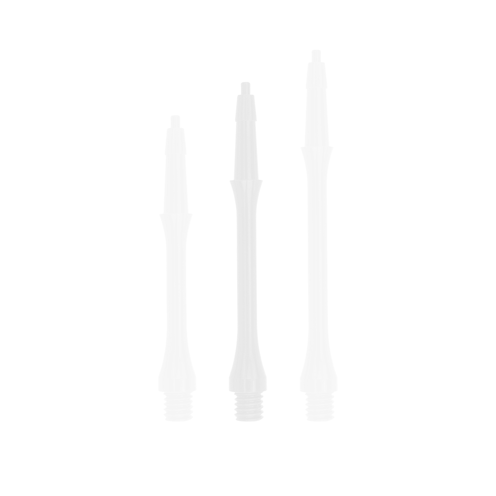 HRC-12596-W_Harrows_Clic_Slim_Shafts_White_30mm_1uZtrih9Jo4QUh Das Bild zeigt drei weiße Harrows Clic Slim Shafts in unterschiedlichen Längen. Sie sind für den Einsatz bei Darts geeignet.