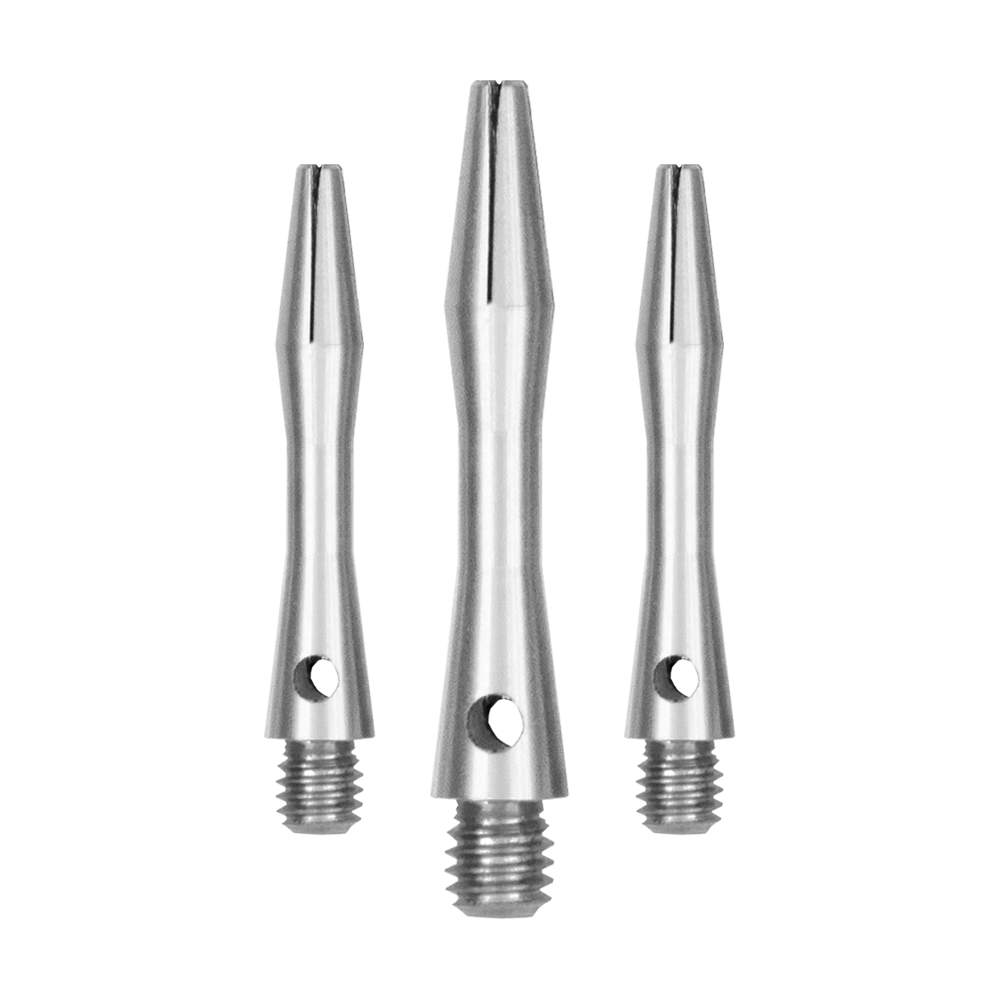 516_Aluminium_Shafts_Silber_30mm_13kjUSXxfoeq0I Das Bild zeigt drei silberne Aluminium-Schäfte in verschiedenen Längen. Sie haben ein glattes, metallisches Finish und ein Schraubgewinde am unteren Ende.