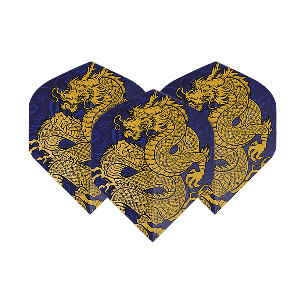Pentathlon Flights Dragon blau Auf dem Bild sind drei Dartflights mit einem auffälligen goldenen Drachendesign auf dunkelblauem Hintergrund zu sehen. Es handelt sich um die "Pentathlon Dragon 4 Standard Flights".