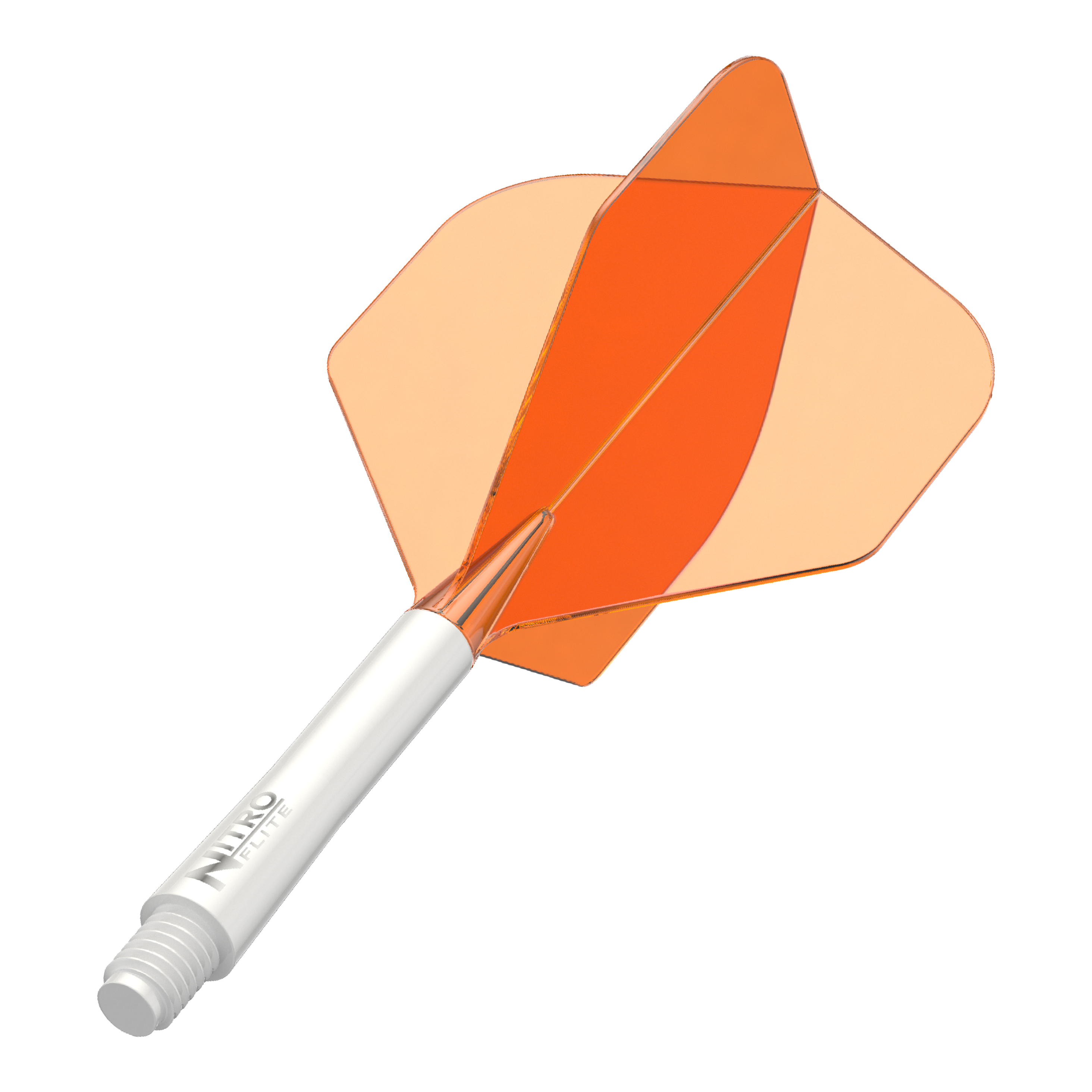 Das Bild zeigt einen weißen Dart-Schaft mit orangen Flights in mittlerer Länge. Wahrscheinlich handelt es sich um einen Red Dragon Nitroflite Medium Schaft.