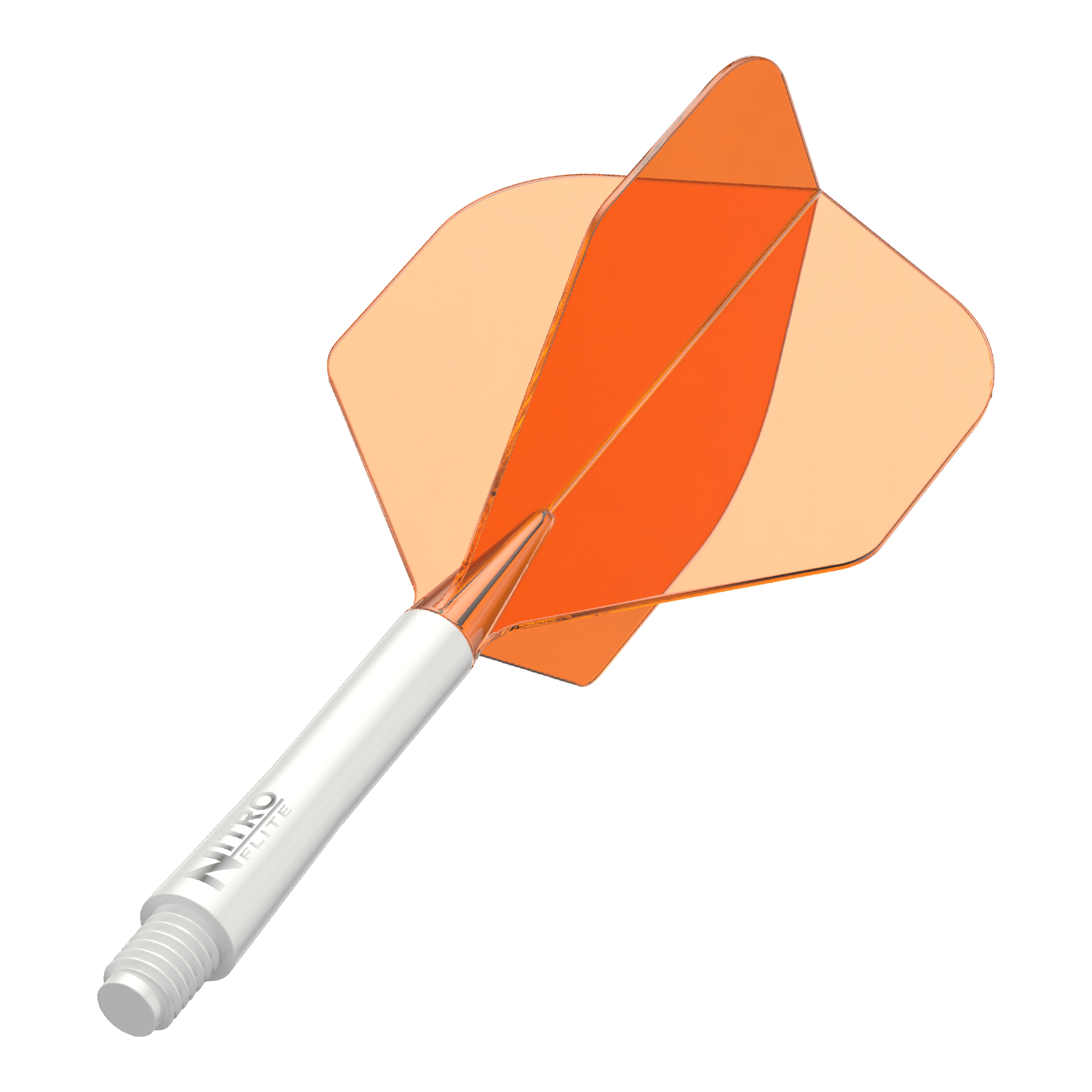 Red Dragon Nitroflite White Shaft Orange Flights No2 Das Bild zeigt einen weißen Dart-Schaft mit orangen Flights in mittlerer Länge. Wahrscheinlich handelt es sich um einen Red Dragon Nitroflite Medium Schaft.