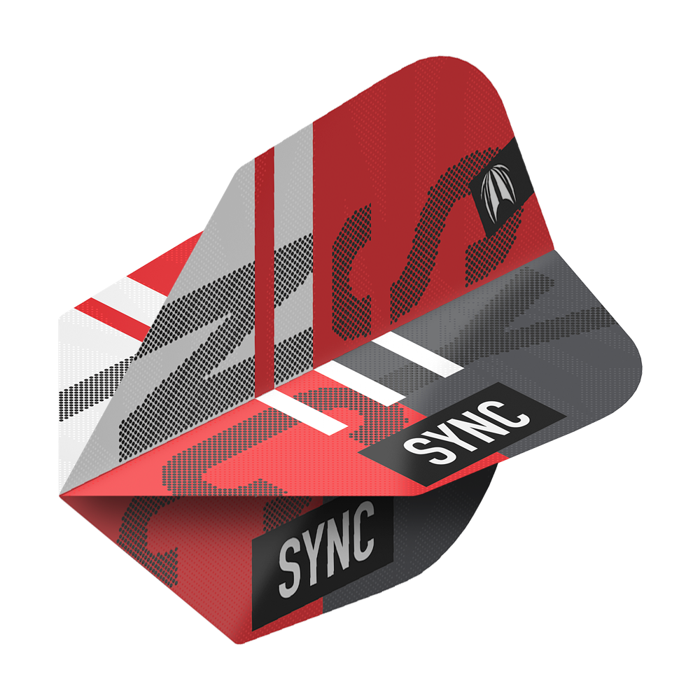 TG98_336480_Target_ProUltra_Sync_No6_Flights_2ZrY5HzSm9Roie Das Bild zeigt das Produkt „Target ProUltra Sync No6 Flights“. Die Flights sind überwiegend rot, grau und schwarz gestaltet und tragen den Schriftzug „SYNC“.