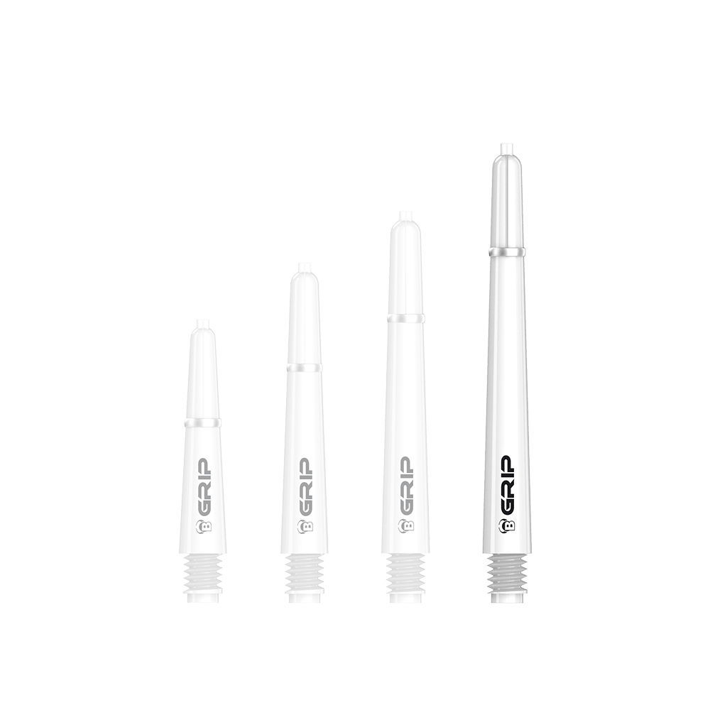BS55059_Bulls_B-Grip-2_SL_Shafts_Weiss_48mm_1k5SyORvGaTRPf Das Bild zeigt vier weiße Dartschäfte des Modells "Bulls B-Grip-2 SL". Sie sind in unterschiedlichen Längen angeordnet und tragen den Aufdruck "GRIP".