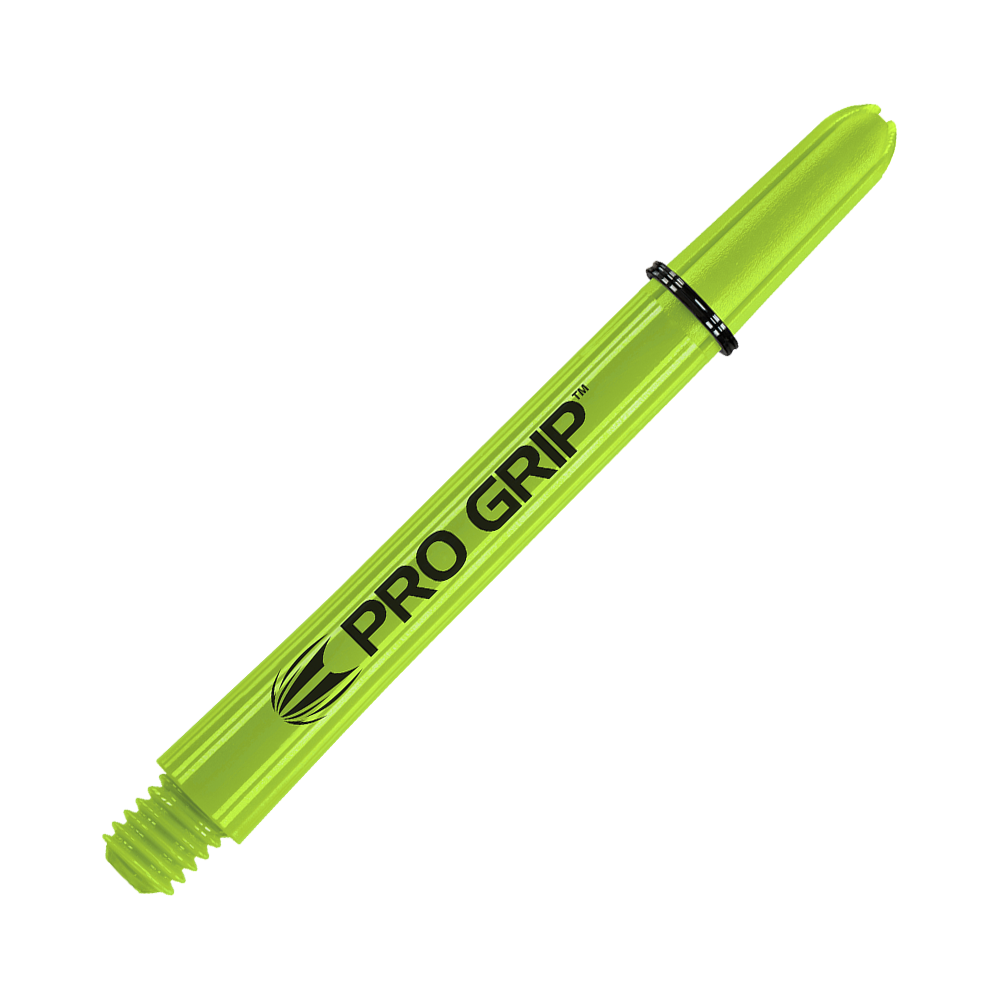 Auf dem Bild ist ein limegrüner Pro Grip Dart-Schaft zu sehen. Er hat eine Länge von 48 mm und trägt die Aufschrift "PRO GRIP" in schwarzer Farbe.