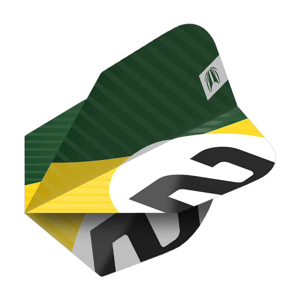 Das Bild zeigt ein Dartflight mit einem grünen, gelben und weißen Design sowie der Nummer 6. Es handelt sich um das Produkt "Target Pro Ultra Chicane Green No6 Flights - 3 Sets".