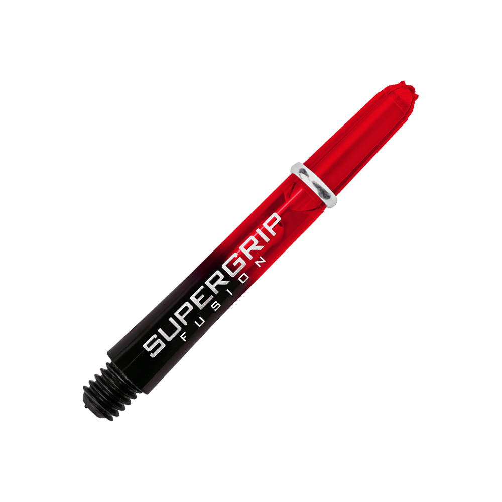Das Bild zeigt einen Harrows Supergrip Fusion Shaft in der Farbe Rot. Auf dem Schaft steht der Schriftzug "SUPERGRIP FUSION".