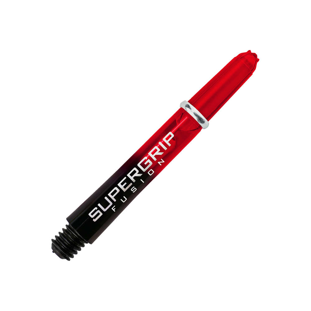 HR342_Harrows_Supergrip_Fusion_Shafts_Rot_33mm_2o9uWbvk9KPr7Y Das Bild zeigt einen Harrows Supergrip Fusion Shaft in der Farbe Rot. Auf dem Schaft steht der Schriftzug "SUPERGRIP FUSION".