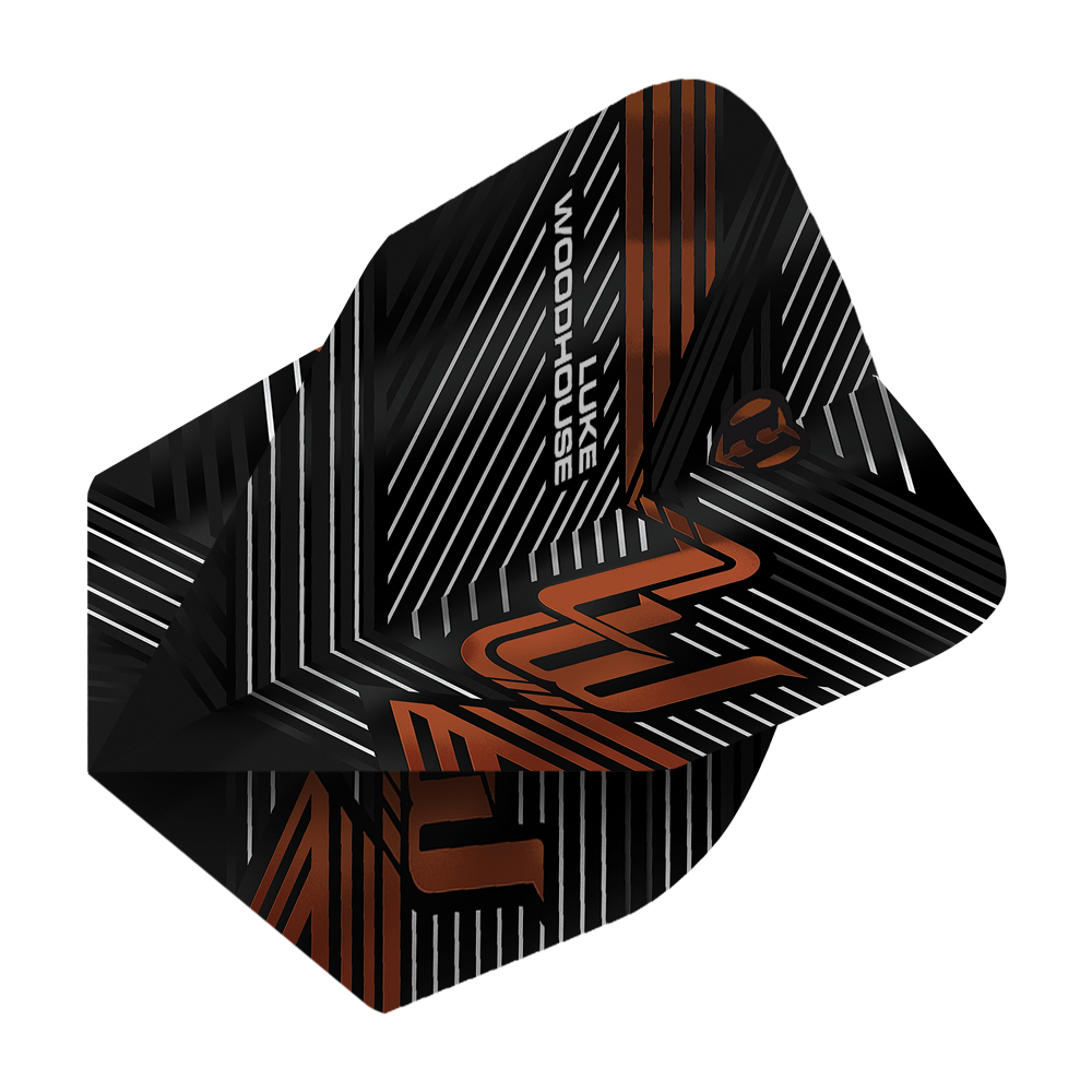 Harrows Luke Woodhouse Series 2 Flights Das Bild zeigt die Harrows Luke Woodhouse Series 2 Flights. Die Flights sind schwarz mit weißen und orangefarbenen Linien sowie dem Namen "Luke Woodhouse" darauf.