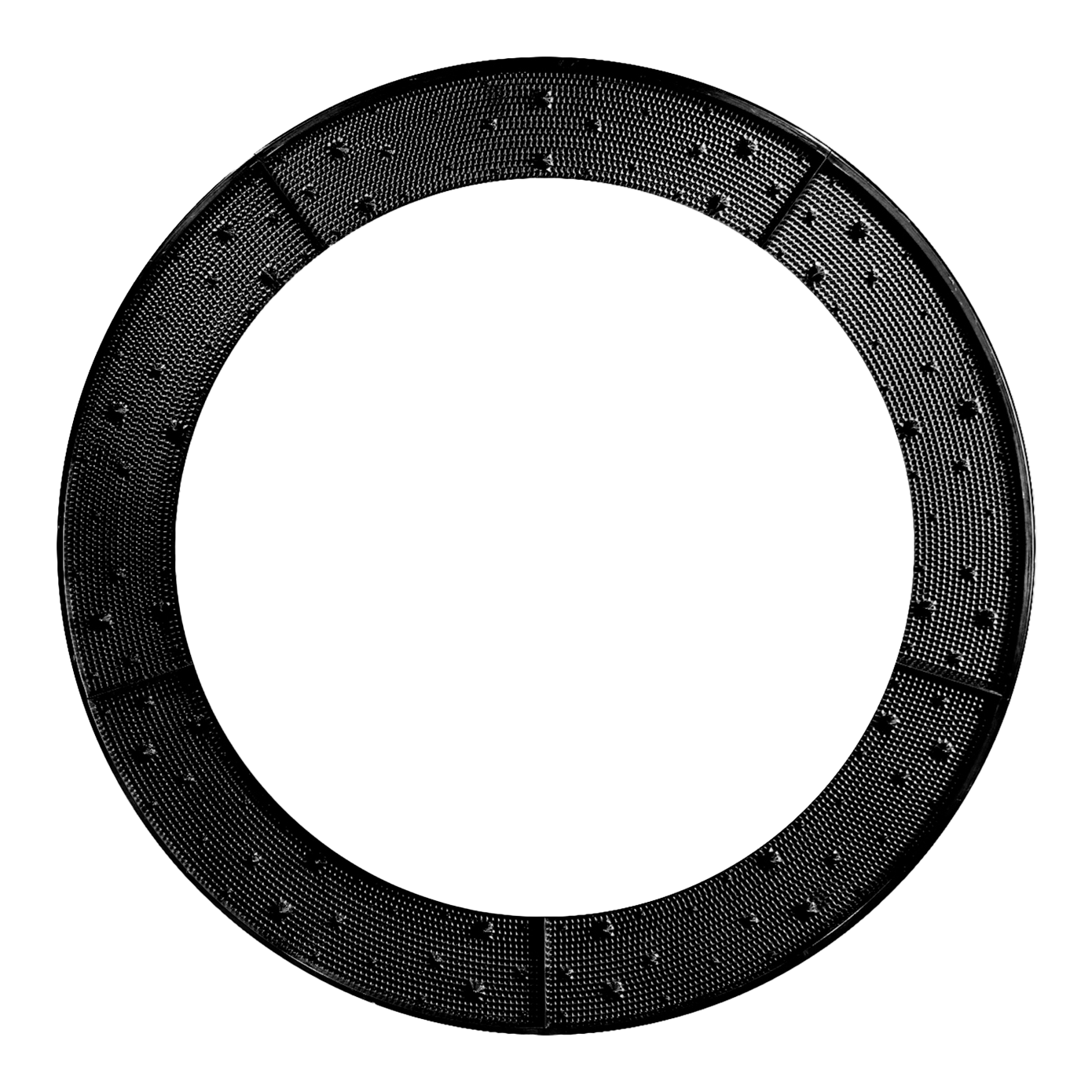 Karella E-Master Ersatzteil Das Bild zeigt einen schwarzen, ringförmigen Wurfkranz mit sichtbaren Noppen auf der Oberfläche. Der Ring ist in mehrere Segmente unterteilt.