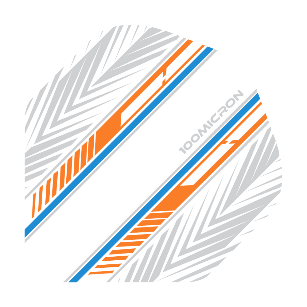 Pentathlon Flights weiß/orange/blau Das Bild zeigt ein Dartflight mit einem weißen Hintergrund und auffälligen orange-blauen Streifen. Zusätzlich sind graue geometrische Muster und der Schriftzug "100MICRON" zu sehen.