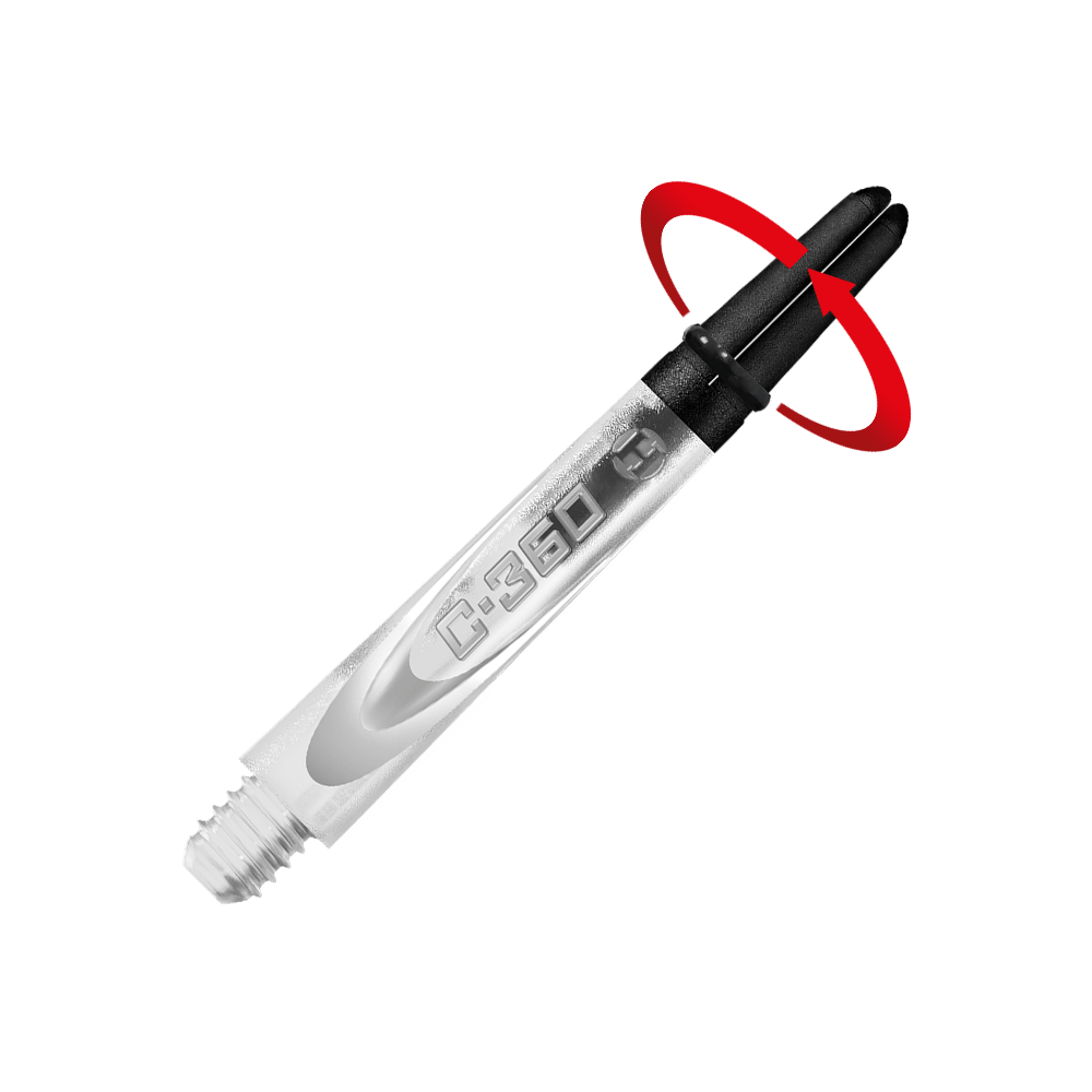 HR447_Harrows_Carbon_360_Shafts_Clear_42mm_2_Symbol Auf dem Bild ist ein transparenter Dart-Schaft mit der Aufschrift "C-360" zu sehen. Am oberen Ende zeigt ein roter Pfeil eine Drehbewegung an.