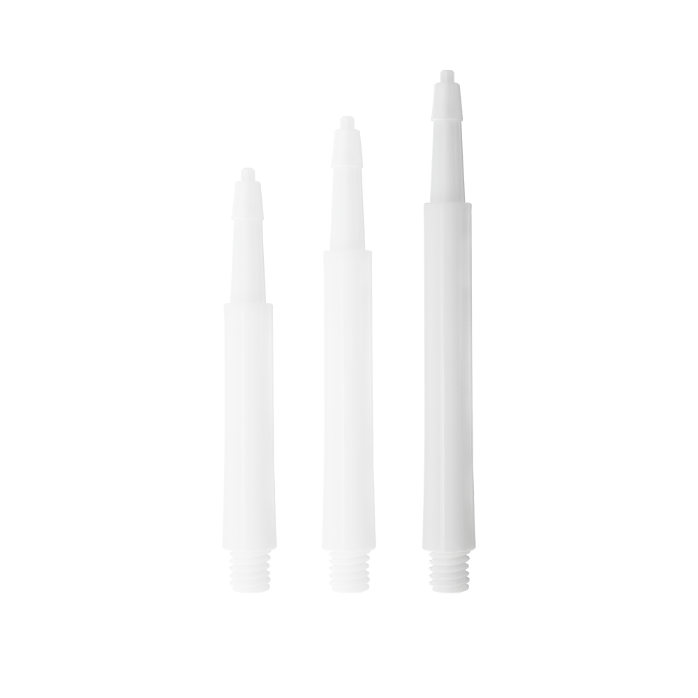 Das Bild zeigt drei weiße Harrows Clic Standard Shafts in unterschiedlichen Längen. Die Shafts sind für den Einsatz bei Darts gedacht.