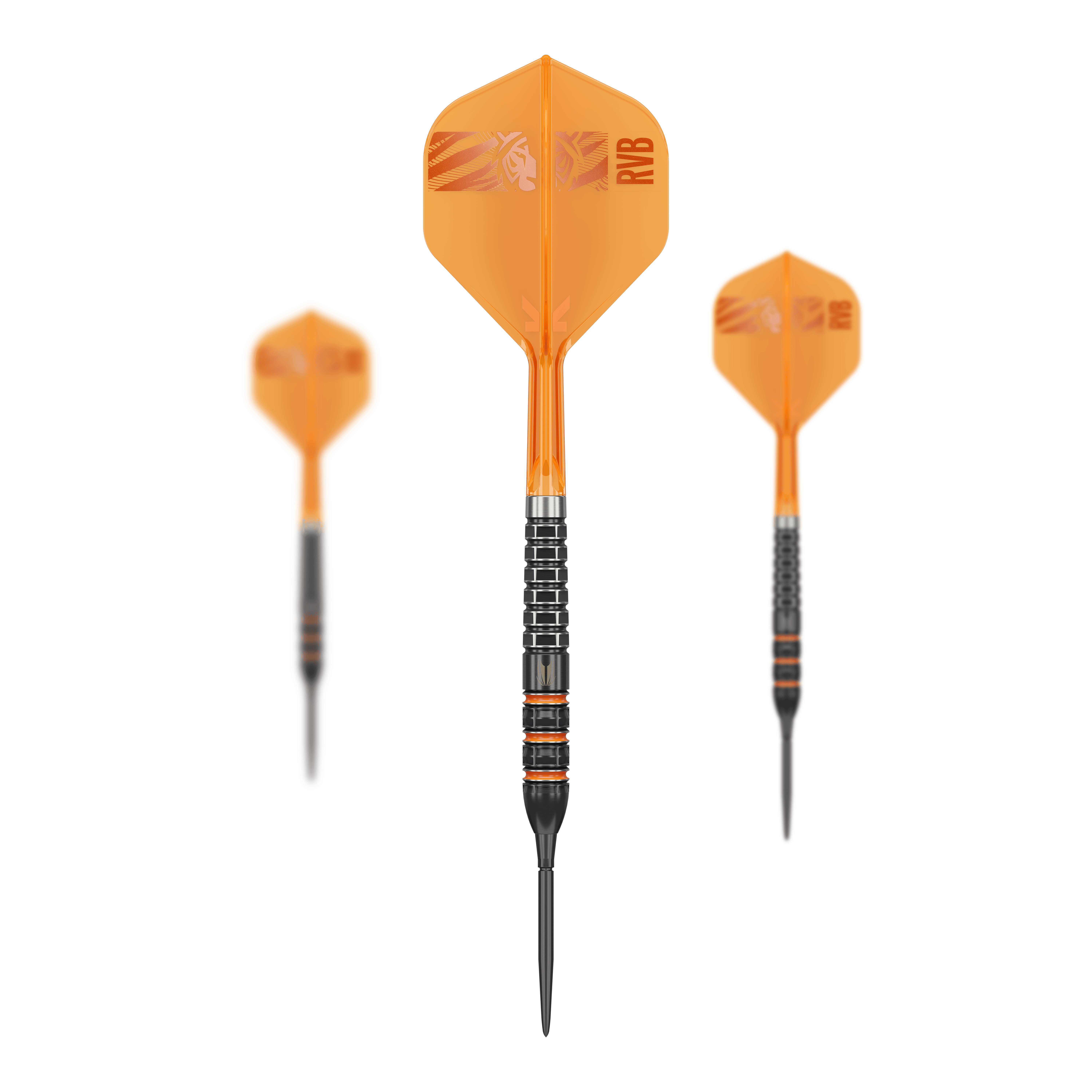 Abgebildet ist das Produkt Target Raymond Van Barneveld 95K Swiss Points Steeldarts. Die Steeldarts werden als komplettes Set präsentiert.
