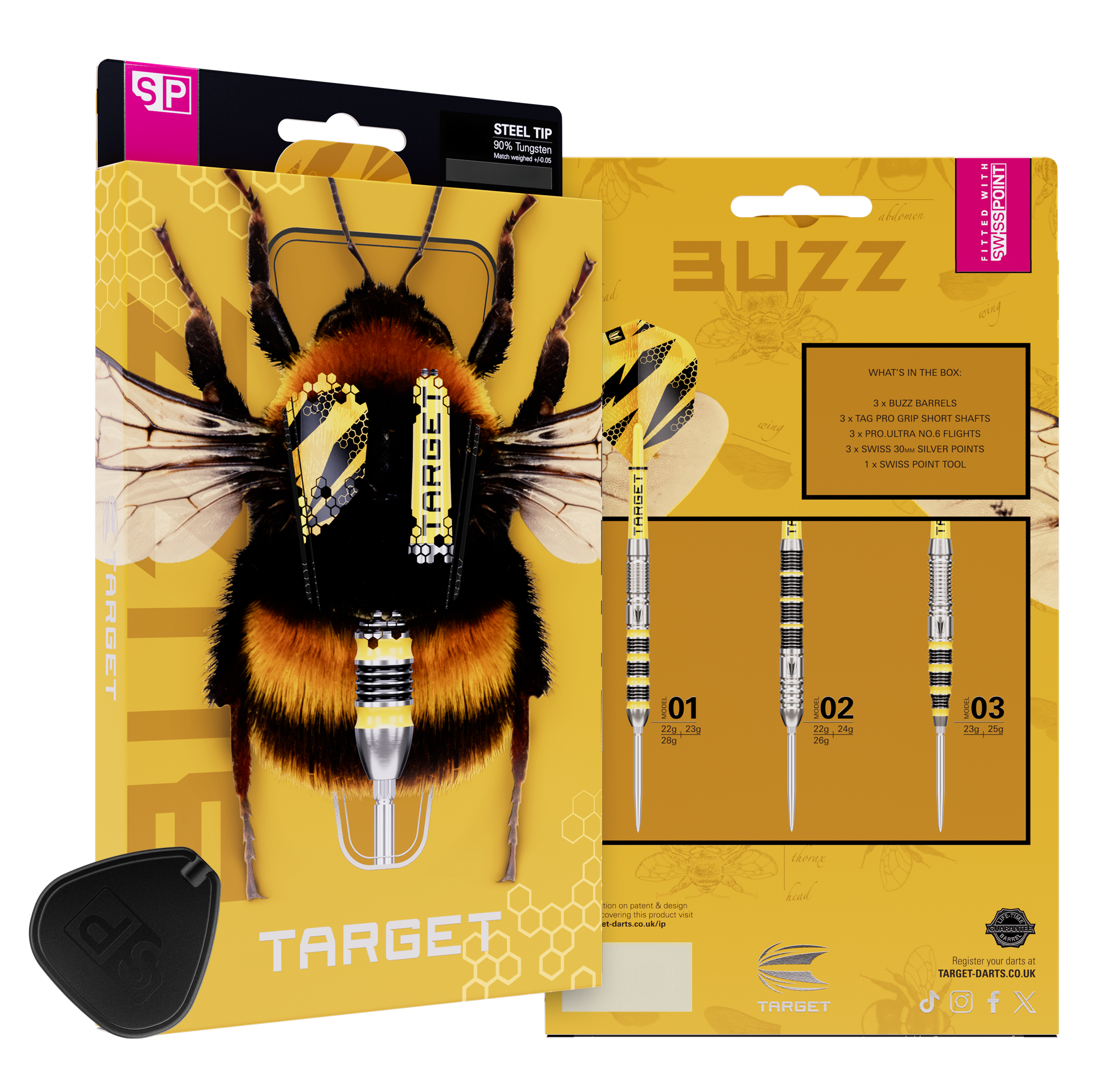 Abgebildet sind die Target Buzz 02 Swiss Points Steeldarts. Die Darts liegen ordentlich angeordnet auf hellem Hintergrund.