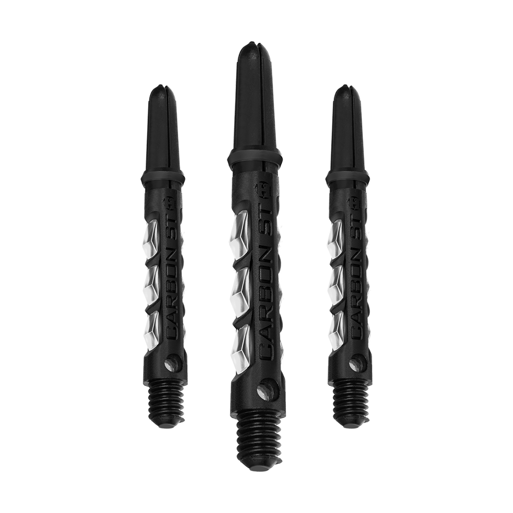 HR417_Harrows_Carbon_ST_Shafts_Clear_40mm_1d0txrh7mi9kq8 Das Bild zeigt drei klare Harrows Carbon ST Shafts für Dartpfeile. Die Schäfte sind schwarz mit durchsichtigen Elementen und tragen die Aufschrift "CARBON ST".