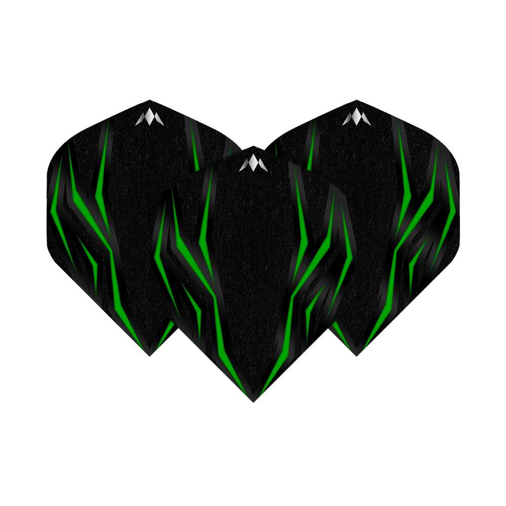 Mission Lava Green No2 Standard Flights Das Bild zeigt die Mission Lava Green No2 Standard Flights. Die Flights sind schwarz mit grünen, leuchtenden Linien und einem kleinen weißen Logo oben.