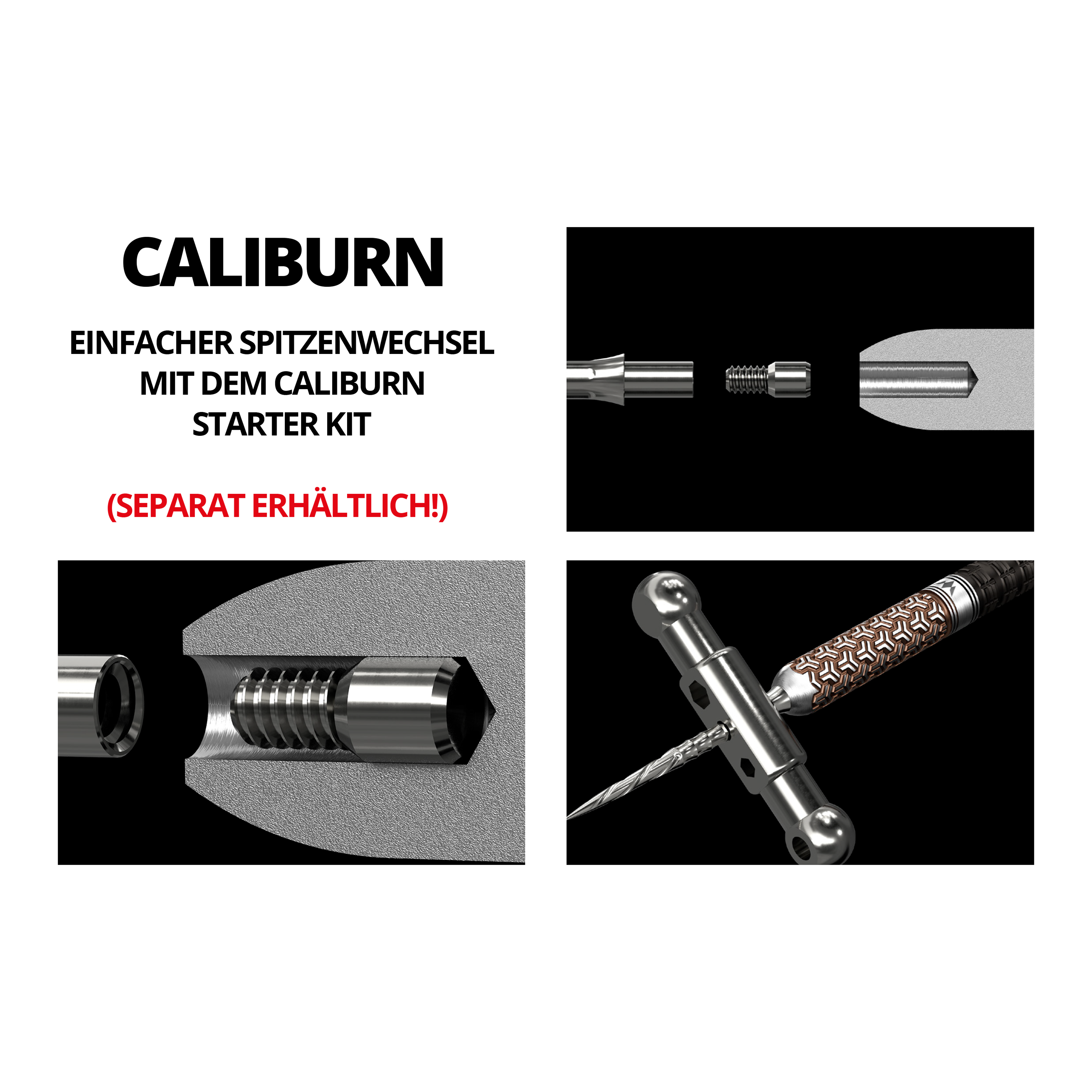Caliburn System Steeldartspitzen - Ripple - NoLip - Schwarz Das Bild zeigt verschiedene Detailansichten eines Steeldartspitzen-Systems mit mechanischen Verbindungs- und Montageschritten. Im Text wird darauf hingewiesen, dass das System separat erhältlich ist.