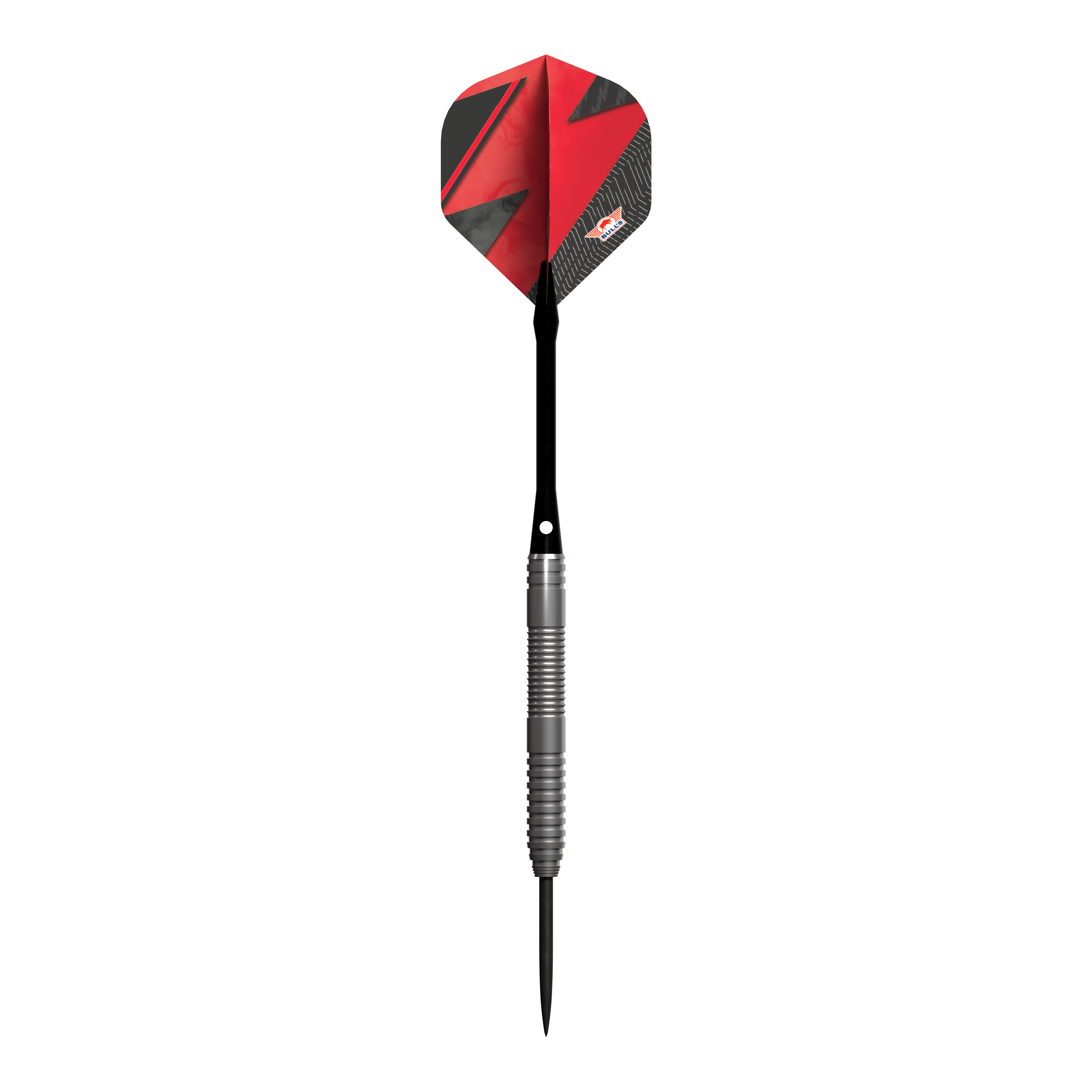 Bulls NL Lightning Red Steeldarts Das Bild zeigt einen Steeldart-Pfeil mit einem silbernen Griff und einer roten Flights. Der Pfeil trägt das Design und Logo der Marke Bulls NL Lightning Red.