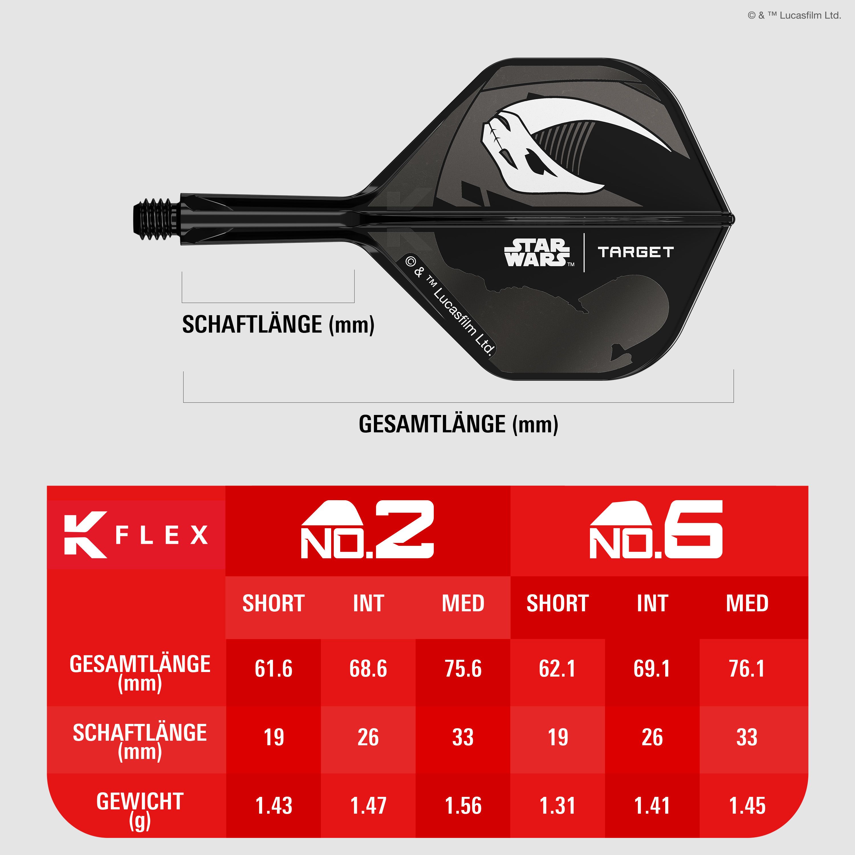 Target Star Wars K-Flex-Set Mandalorian No2 Standard Flights Abgebildet ist das Target Star Wars K-Flex-Set Mandalorian No2 Standard Flights. Die Flights zeigen ein Design im Stil von Mandalorian aus Star Wars.