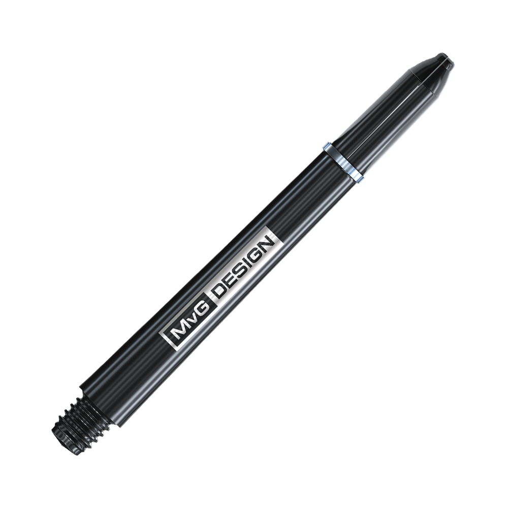 Das Bild zeigt einen schwarzen Dart-Schaft mit der Aufschrift "MvG DESIGN". Es handelt sich um den Winmau Nylon Ring Grip MvG Design Black Shaft.