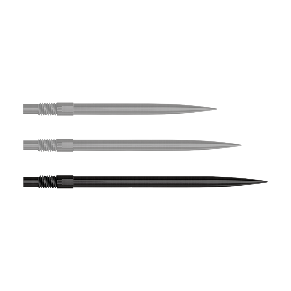 Harrows Quick Point Dartspitzen - Schwarz Auf diesem Bild sind 40 mm lange, schwarze Dartspitzen dargestellt. Die Spitzen werden nebeneinander angeordnet gezeigt.