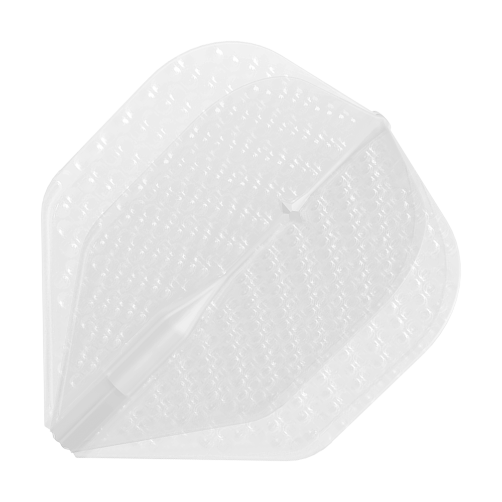 Das Bild zeigt einen transparenten Dartflight mit dimpled Oberfläche. Der Flight hat eine klassische, breite Form und ist durchsichtig.