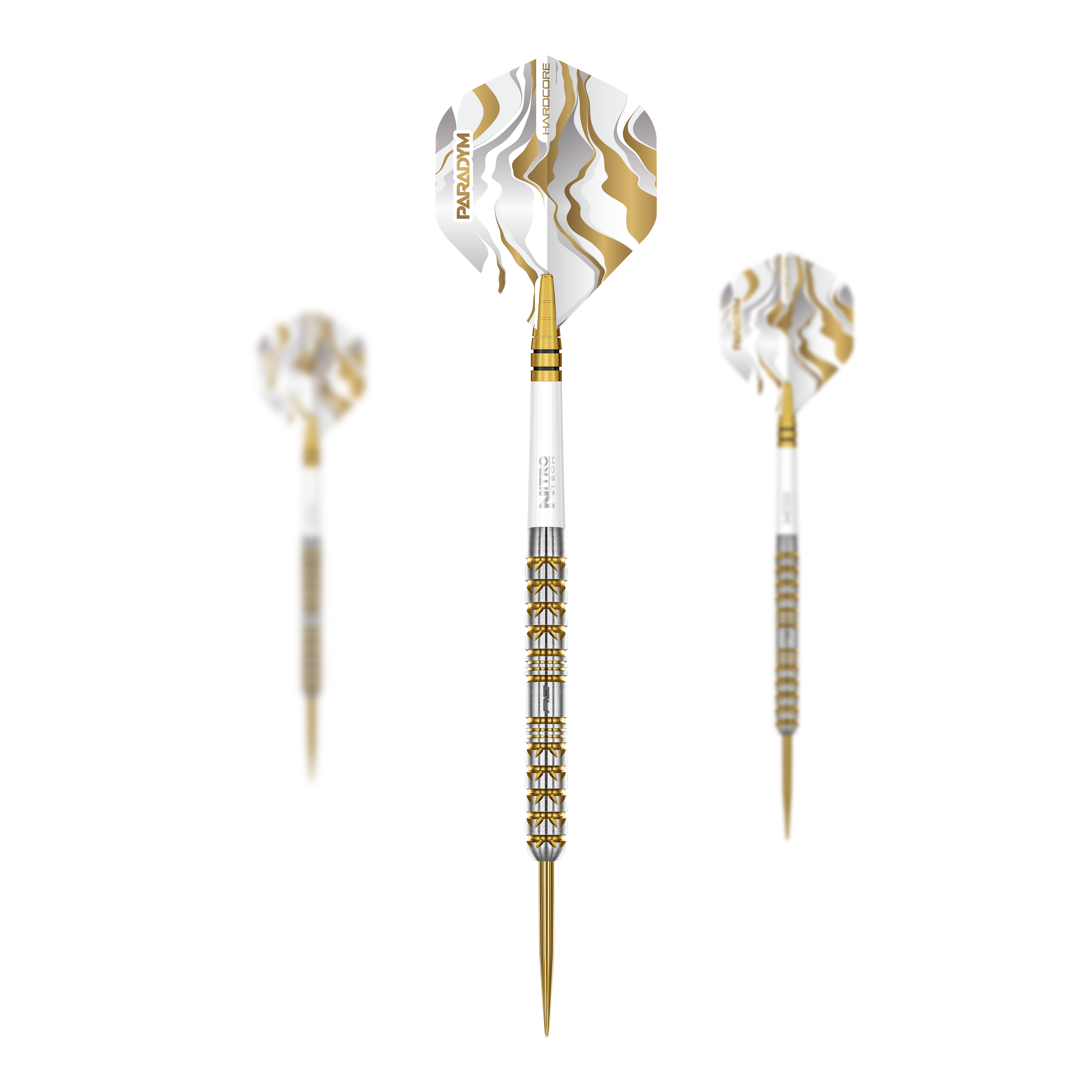 Red Dragon Paradym Gold Parallel Steeldarts Zu sehen ist ein Set der Red Dragon Paradym Gold Parallel Steeldarts. Das Set besteht aus mehreren Steeldarts mit einer goldfarbenen Optik.