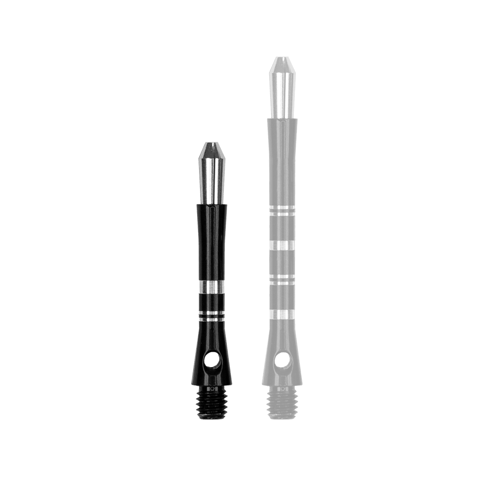 560_Target_Colette_Shafts_Schwarz_35mm_1oyYTYTvlzjUdm Das Bild zeigt zwei schwarze Harrows Colette Shafts in unterschiedlichen Längen. Sie haben silberne Akzente und sind für Dartpfeile gedacht.